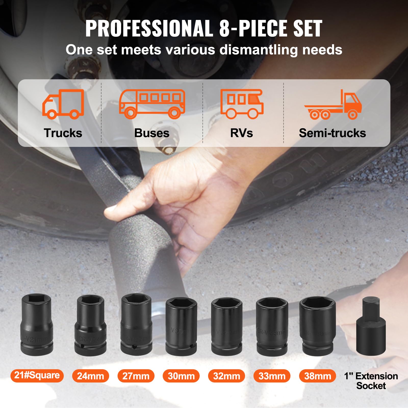 VEVOR 1 Inch Drive Heavy Duty Torque Multiplier Wrench Set with 8 Sockets (24-38mm) & Storage Case - 4800N.m Lug Nut Remover, 1:58 Ratio for Truck, RV, and Industrial Equipment Maintenance