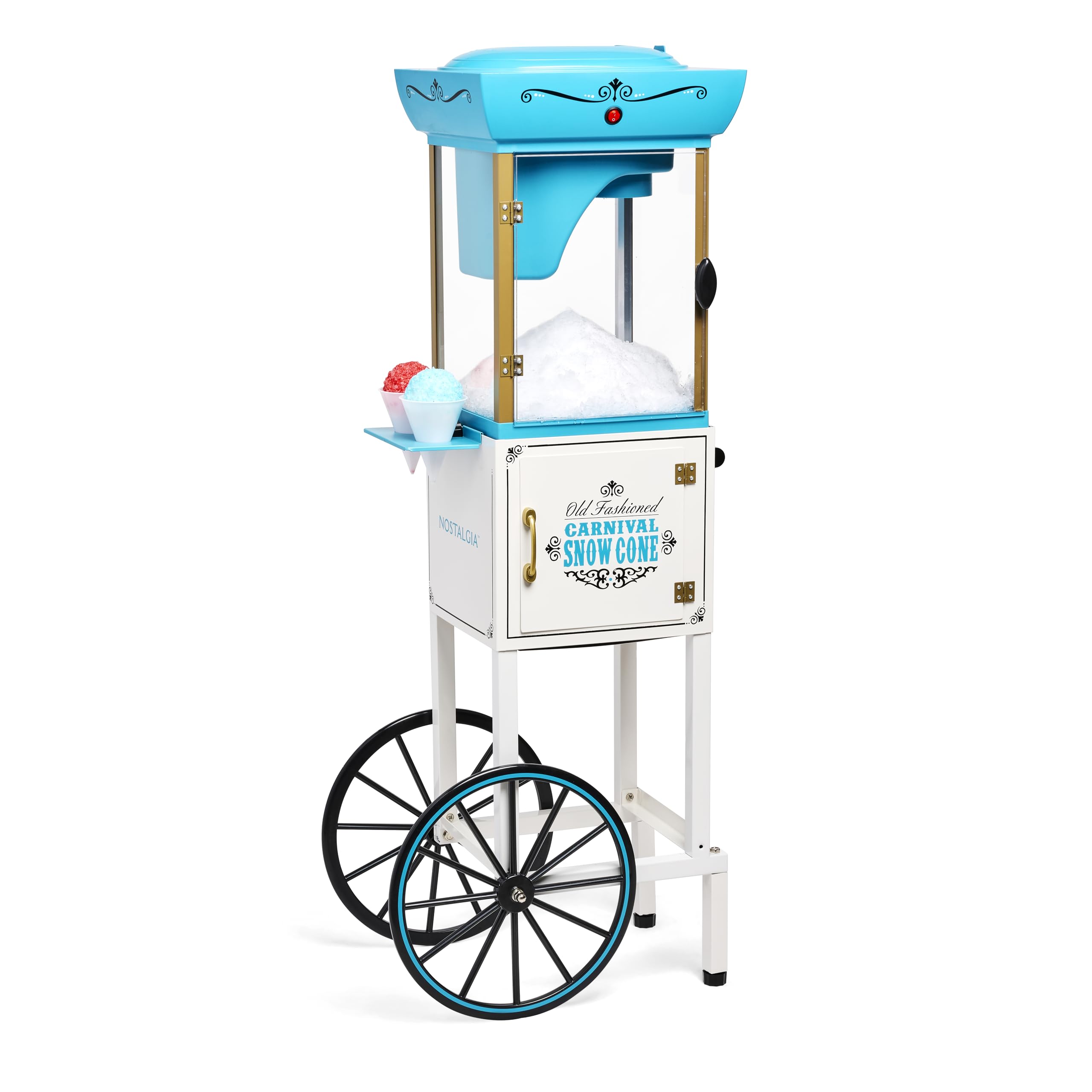 Nostalgia Retro Snow Cone & Shaved Ice Machine - Commercial-Grade Slushie Maker with Wheels for Easy Mobility - Includes Metal Scoop & Storage Compartment - Makes 48 Icy Treats - Perfect for Parties, Carnivals & Summer Events (White & Blue)