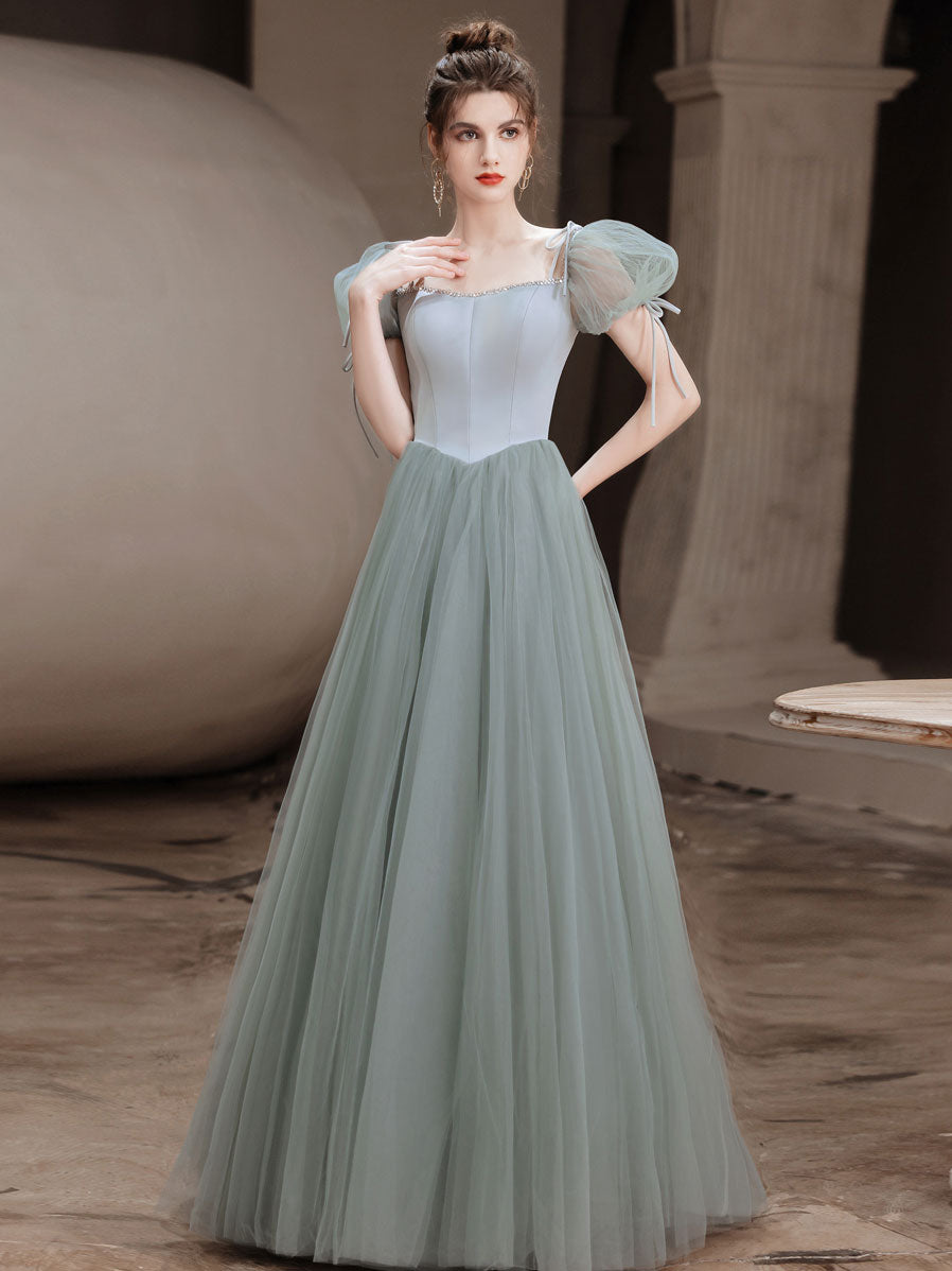Elegant Gray Green Tulle Long Prom Dress for Women - Formal Evening Gown for Homecoming, Ball & Special Occasions