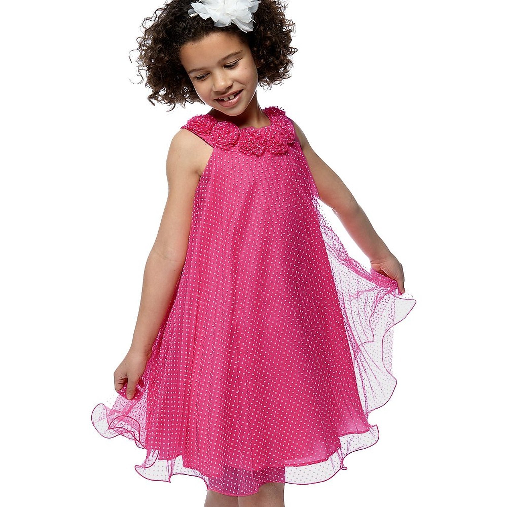 Fuchsia Pink Flock Dot Crystal Pleat Trapeze Dress for Girls 2T-6X - Perfect for Birthday Parties, Easter, and Special Occasions