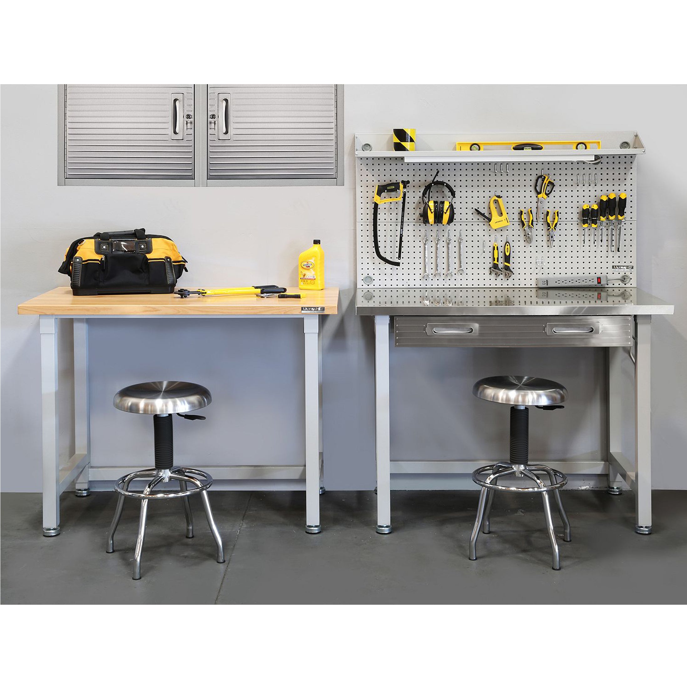 UltraHD® LED Illuminated Work Center with Stainless Steel Top & Pegboard - Granite Finish | Perfect for Garage Organization, DIY Projects & Home Workshops