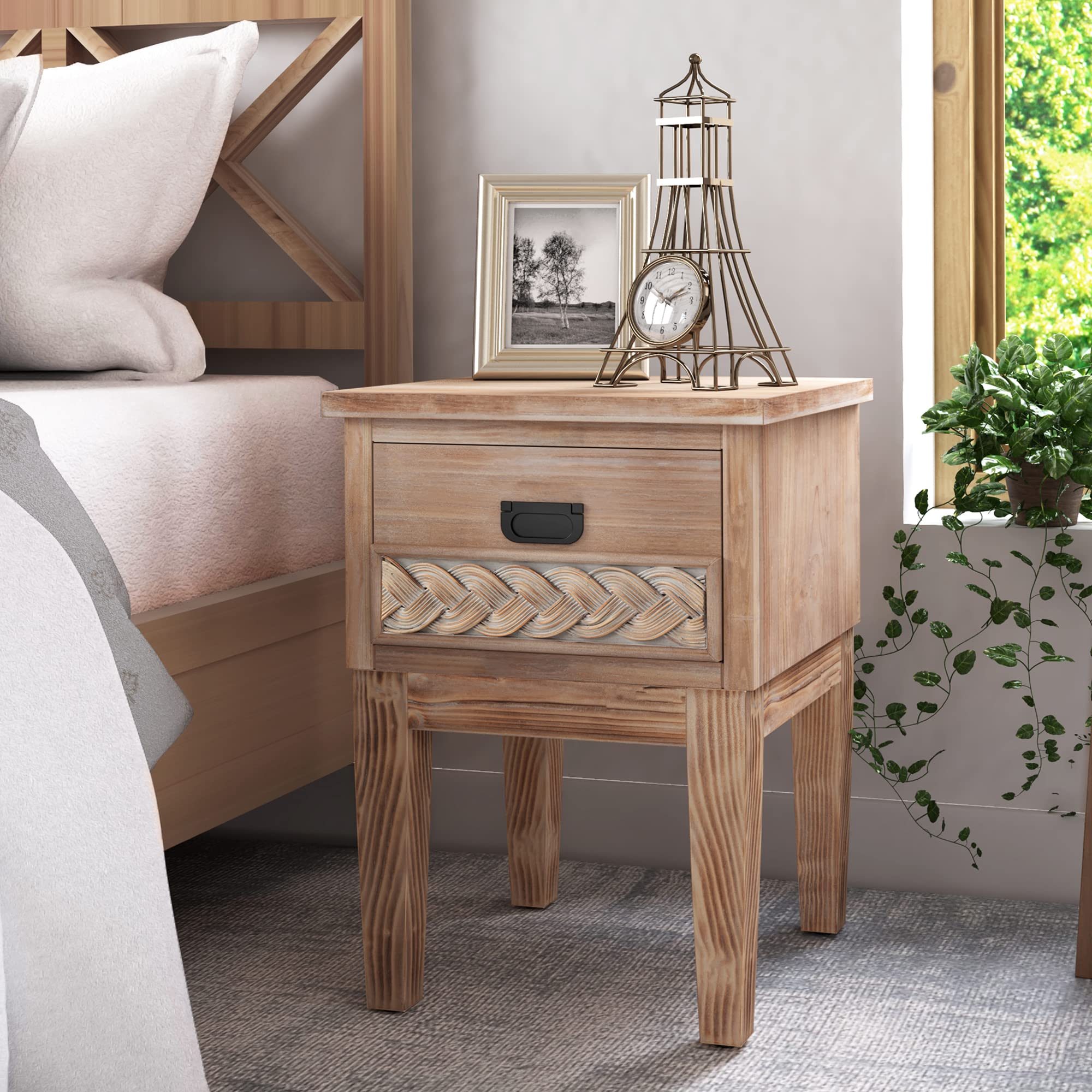 COZAYH Partially Assembled Farmhouse Woven Nightstand - Rustic 1-Drawer Wood Bedside Table with Metal Handle, Rattan Decor Storage for Bedroom, Living Room & Guest Room - Natural Wood Finish