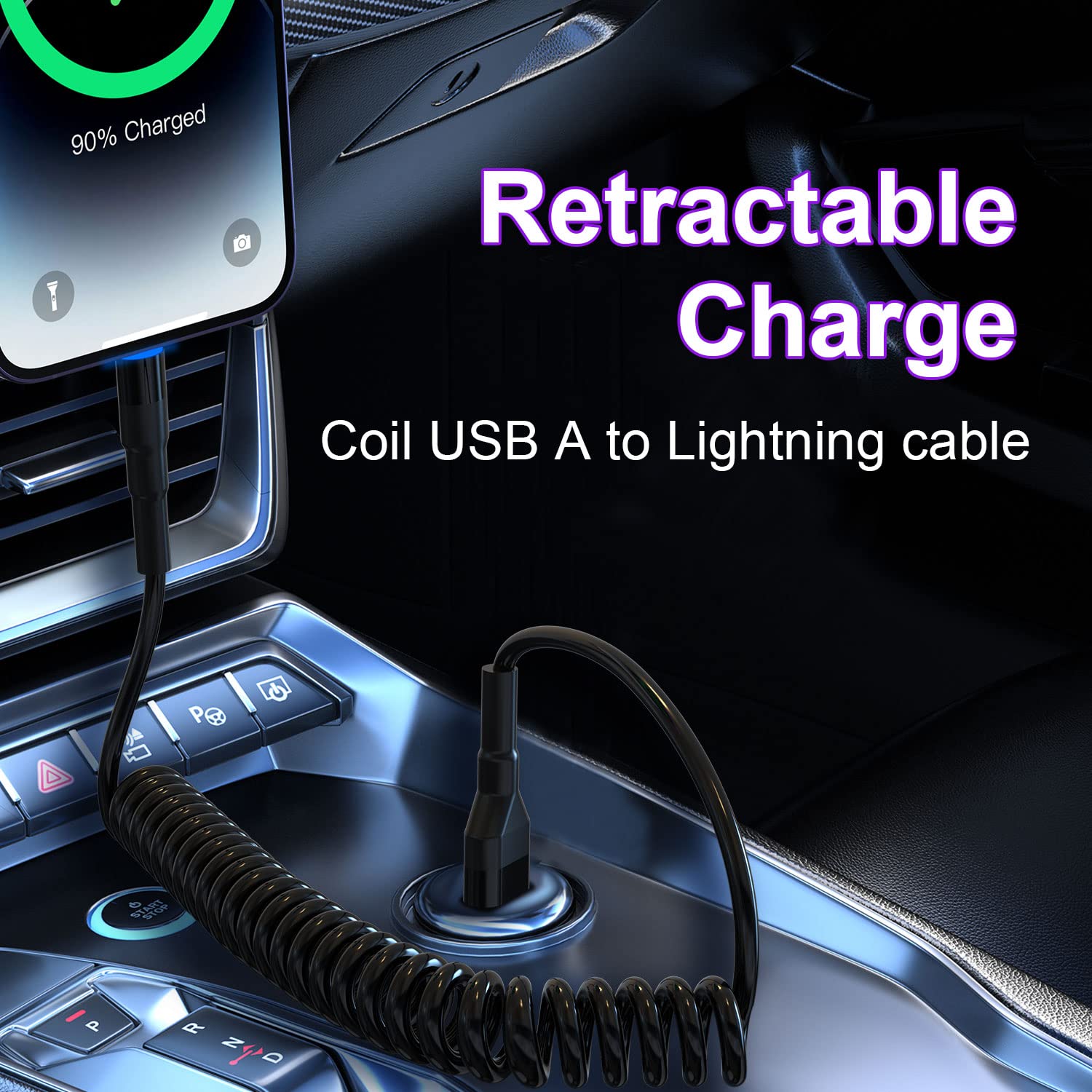 MFi Certified Coiled Lightning Cable - Apple CarPlay Compatible Retractable iPhone/iPad/iPod Charger with Fast Data Sync & LED Light - Short Car Charger Cord for Road Trips & Daily Commutes