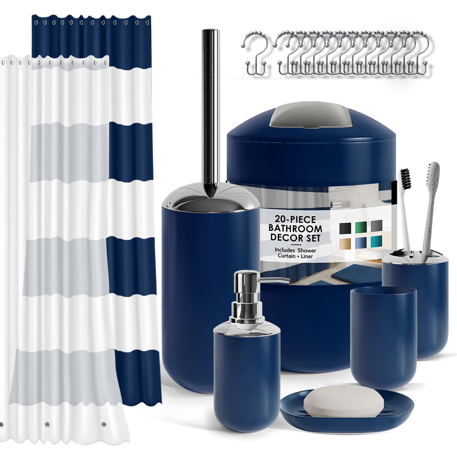 Clara Clark 20-Piece Navy Blue Bathroom Accessory Set - Includes Shower Curtain with Liner, Toothbrush Holder, Soap Dispenser, Soap Dish, Toilet Brush Holder & Waste Bin | Complete Bathroom Decor for Modern Homes, Apartments & Guest Bathrooms