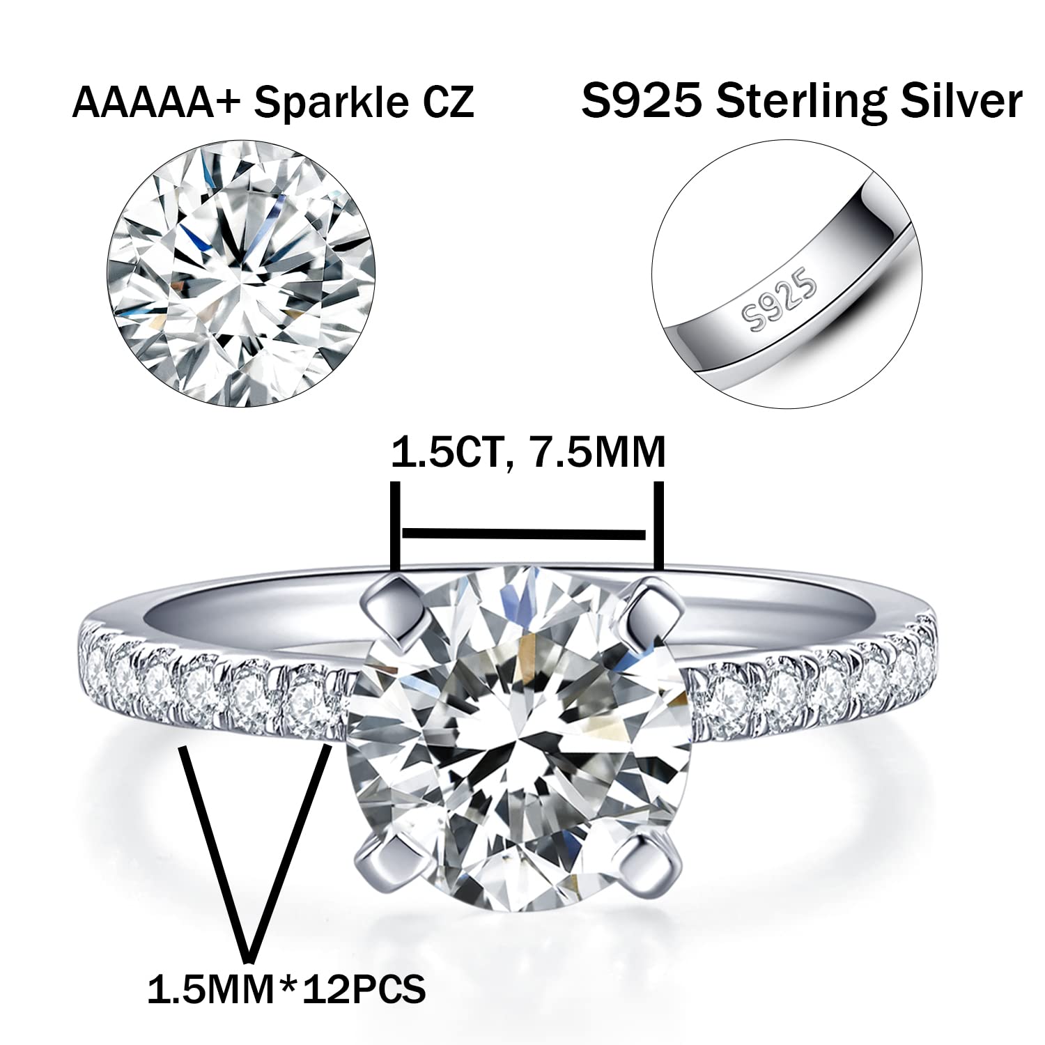 1.5ct Cubic Zirconia Engagement Ring for Women - 925 Sterling Silver 14K White Gold Plated Wedding Band, Promise Ring (Sizes 4-11) | Perfect for Proposals, Anniversaries & Special Occasions