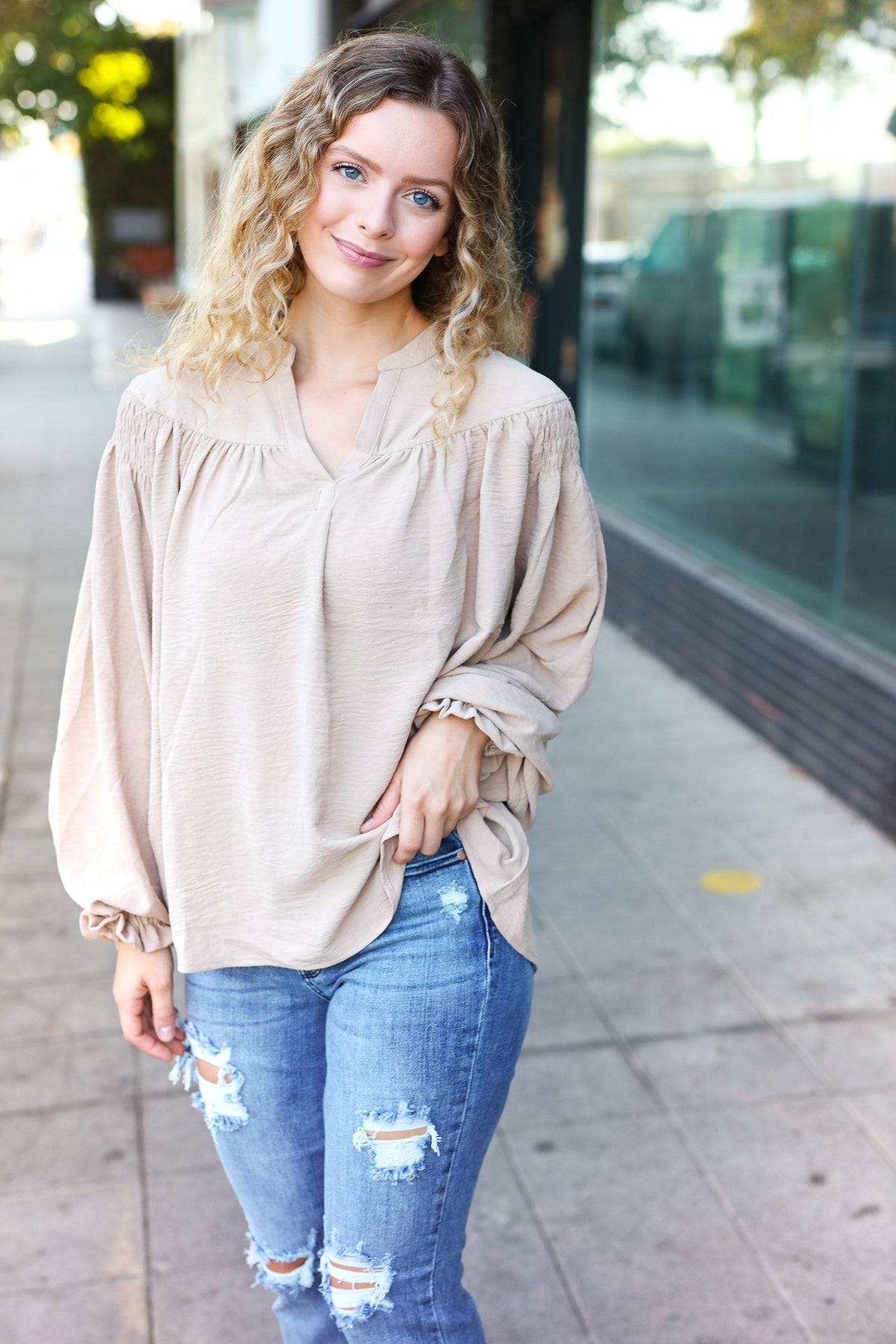 Boho Chic Taupe Smocked Bubble Sleeve Blouse with Notched Neckline - Perfect for Summer Festivals & Beach Vacations