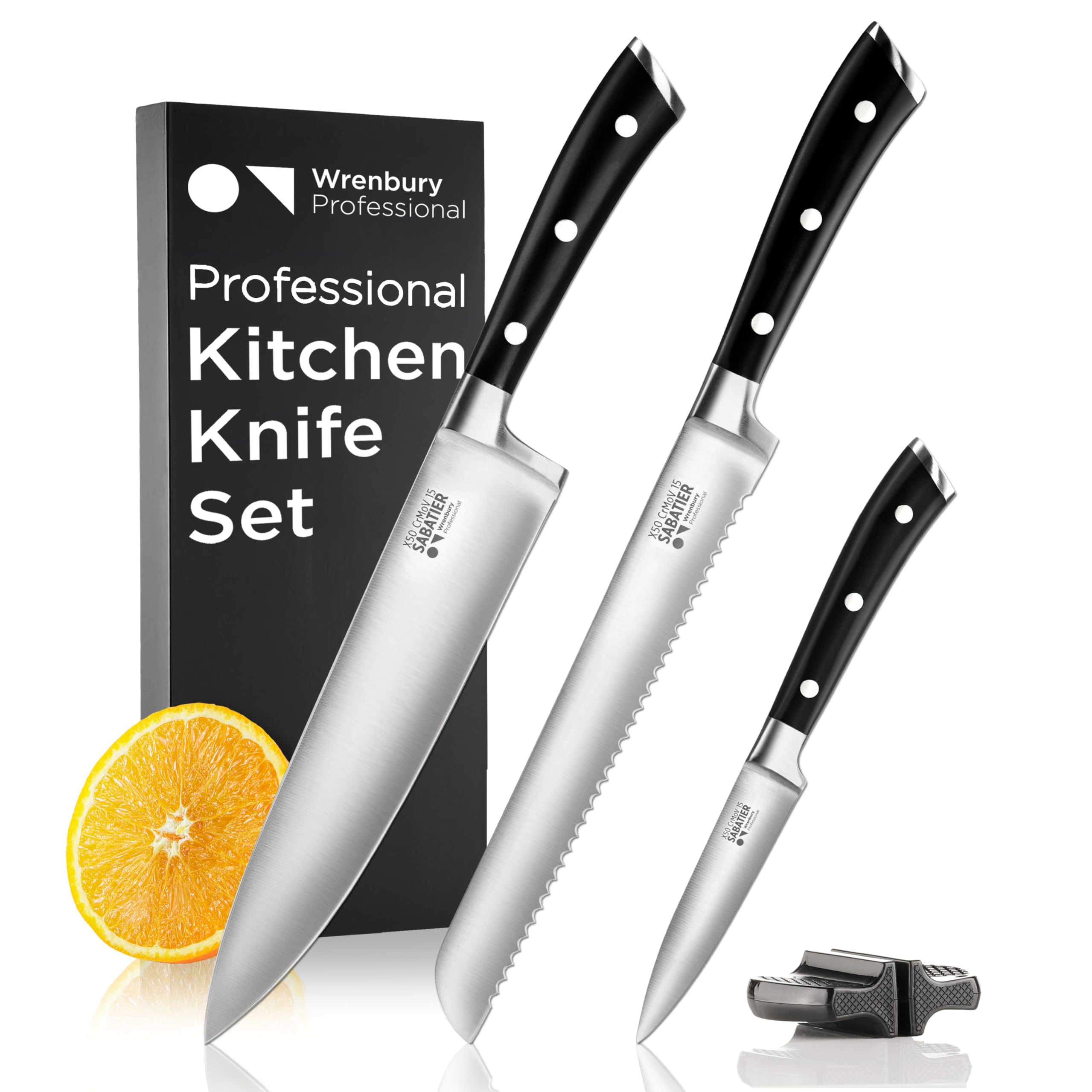 Wrenbury Professional 3-Piece German Stainless Steel Kitchen Knife Set - Ultra Sharp Sabatier Chef, Utility & Paring Knives with Sharpener - Full Tang Design for Precise Cutting - Perfect for Home Cooking, Meal Prep & Professional Kitchens
