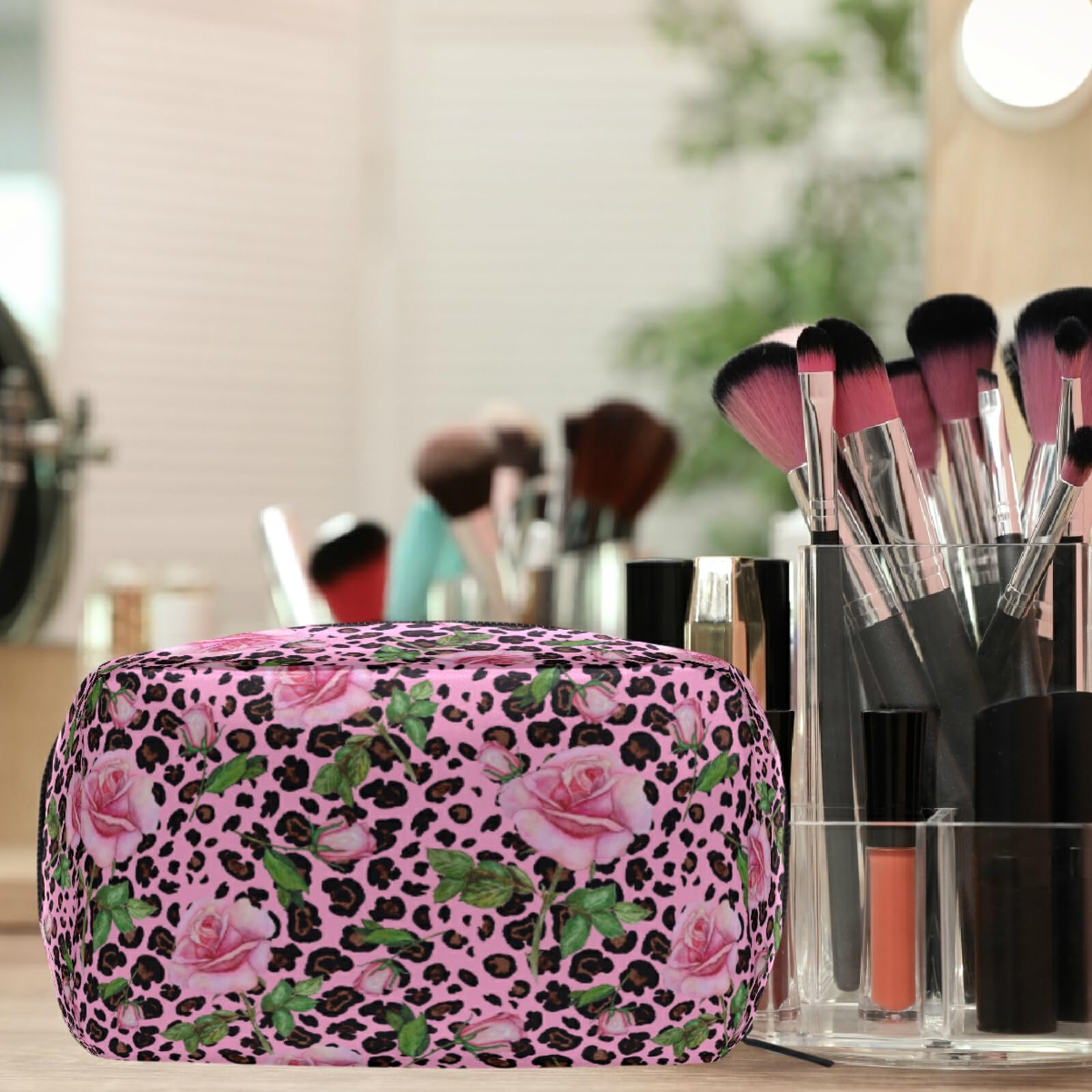 MNSRUU Small Cosmetic Bag for Women & Girls - Pink Leopard Print with Roses Design, Travel Makeup Toiletry Organizer Bag with Multiple Compartments | Perfect for Travel, Gym, Daily Use & Gift Giving