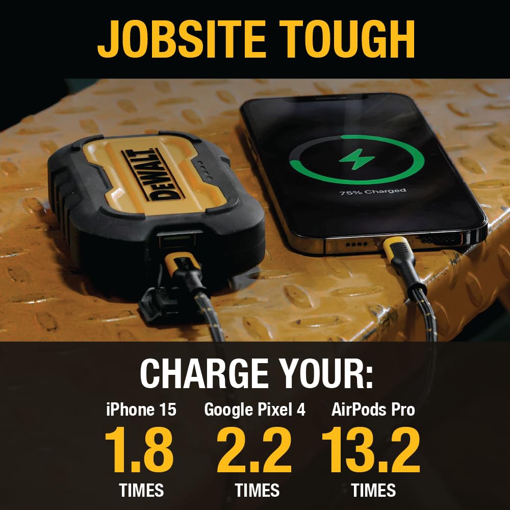 DEWALT 10,000mAh Portable Charger Power Bank with USB-C - Fast Charging for iPhone 16/16 Plus/16 Pro/16 Pro Max, iPhone 15 Series, iPhone 14/13, Samsung Galaxy - Perfect for Travel, Camping & Emergency Power Backup
