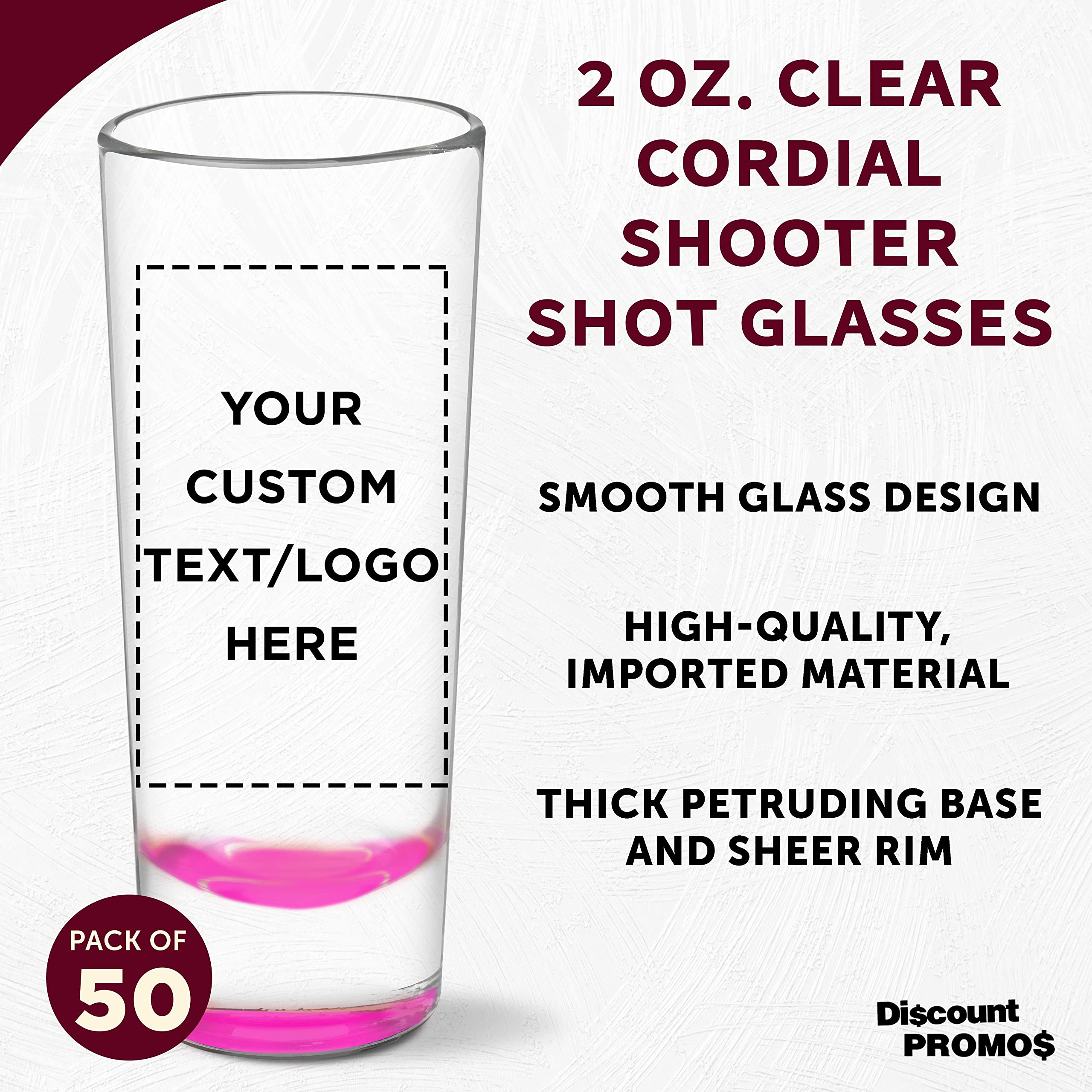 Custom 2 oz Cordial Shot Glasses Set of 50 - Personalized Bulk Pack for Parties, Weddings & Events - Durable Pink Glassware for Bars, Restaurants & Home Entertaining