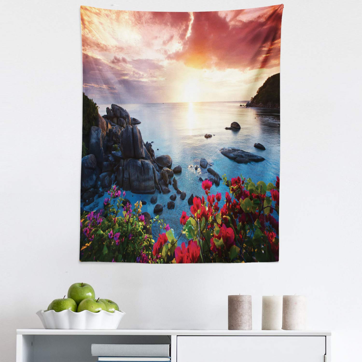 Ambesonne Floral Beach Tapestry Wall Art - Vibrant Poppy & Carnation Blossoms with Thailand Seascape - 23x28 Inch Fabric Wall Hanging for Bedroom, Living Room, Dorm Decor - Perfect for Boho, Coastal & Spring Home Styling