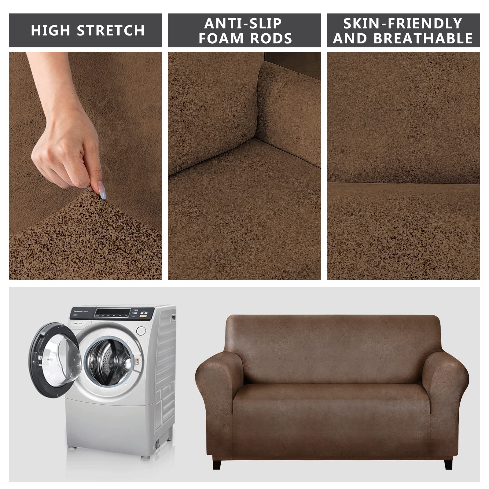 Premium Loveseat Covers for Leather Couches - Soft, Washable & Non-Slip Sofa Protector with Leather-Like Feel | Anti-Pilling 1-Piece Couch Cover for Pets & Kids | Dark Brown | Perfect for Living Room, Family Room & Home Theater Seating Protection