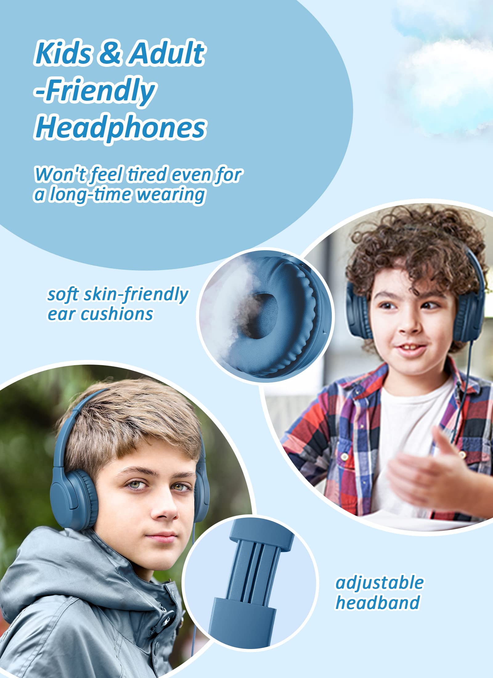 DyBaxa Kids Headphones Wired with 94dB Volume Limiter - Foldable Over-Ear Headset for Children, Safe for School, Online Classes & Travel - Compatible with Smartphones & Tablets via 3.5mm Jack (Dark Blue) - Perfect for Learning, Gaming & Airplane Use