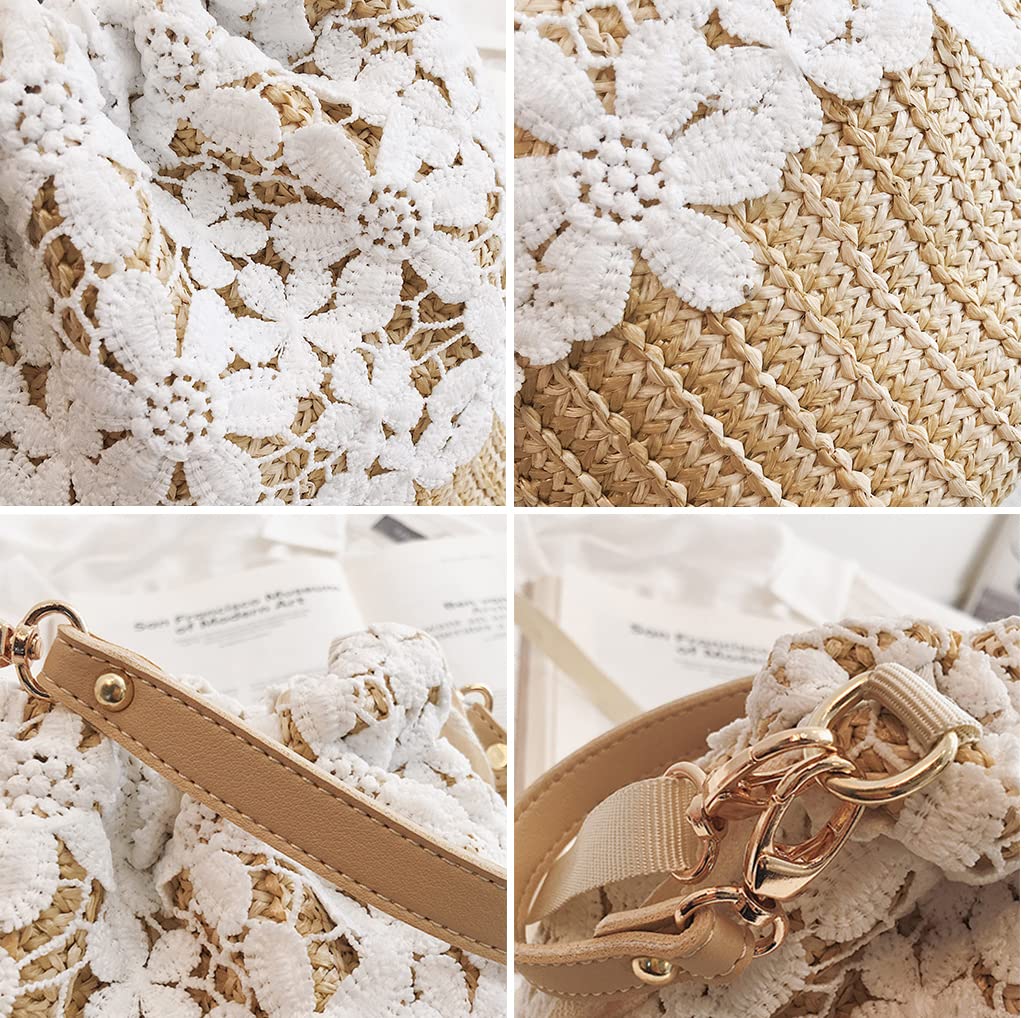 Straw Beach Tote Bag with Flower Lace - Small Shoulder Bag, Crossbody Purse & Handbag for Women | Perfect for Summer Vacation, Pool Party, and Outdoor Activities (2024 Fashion)