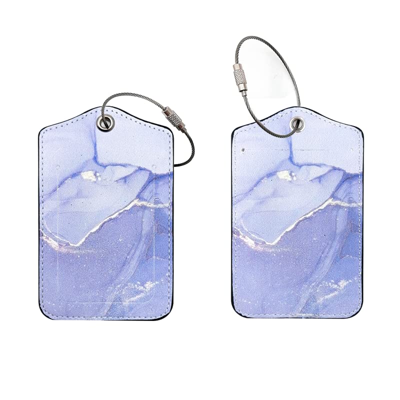 2 Pack Durable PU Leather Luggage Tags with Privacy Cover - Waterproof Travel Suitcase ID Tags with Stainless Steel Loops & Name Card Holder (Blue) - Perfect for Airports, Cruises & Business Trips