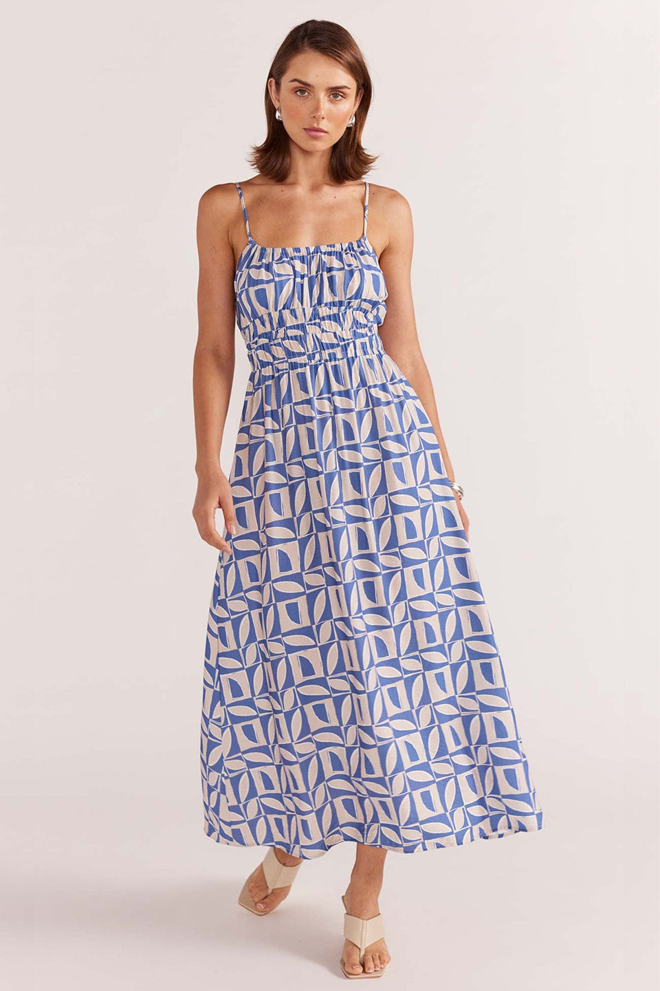 Alto Blue Geo Print Strappy Midi Sundress - Flowy Summer Dress for Women, Beach Cover Up, Vacation Outfit, Boho Chic Dress for Outdoor Parties & Date Nights