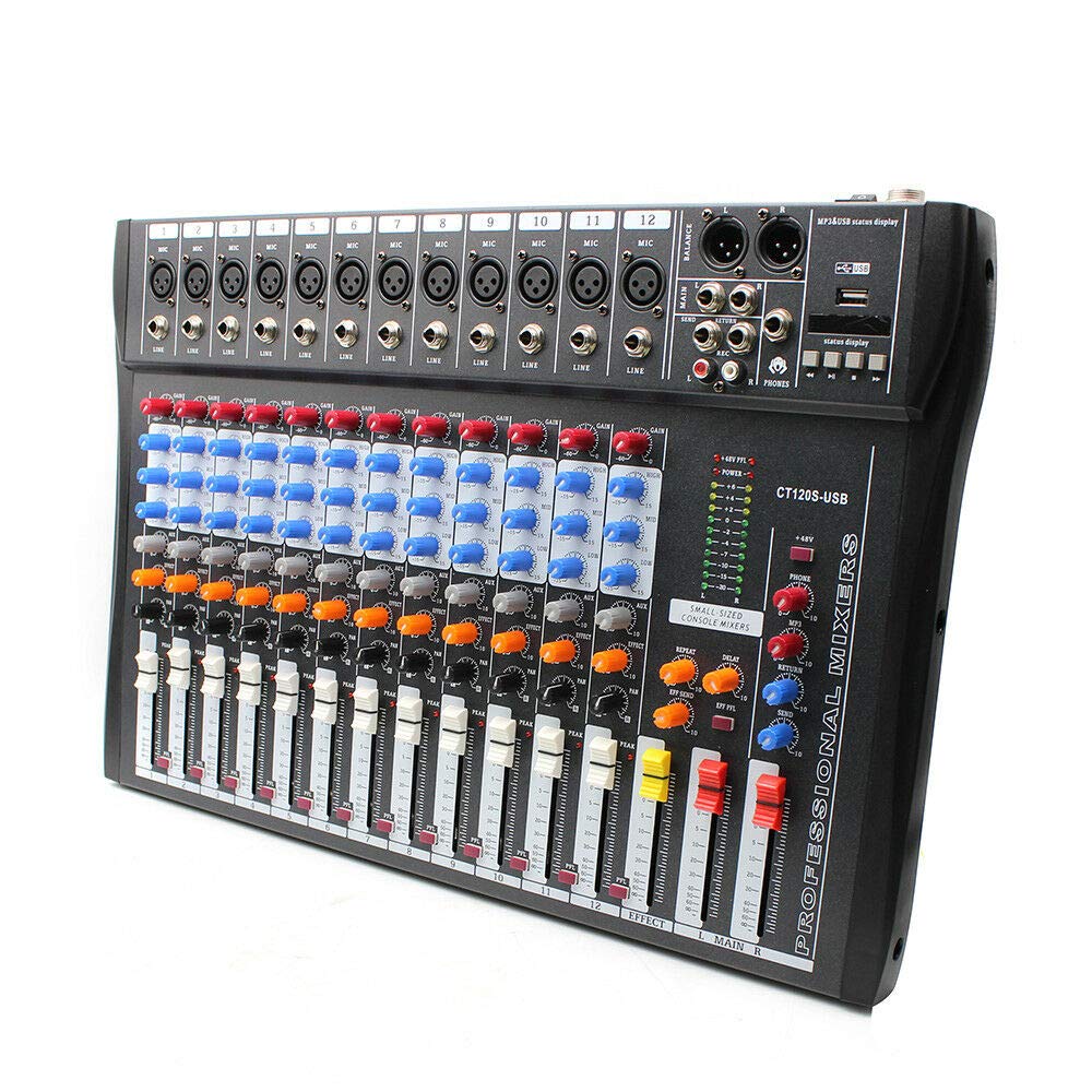 12 Channel USB Audio Mixer Console with 48V Phantom Power - Professional Studio Sound Board for Live Recording, DJing & Podcasting - Perfect for Home Studios, Church Events & Music Production