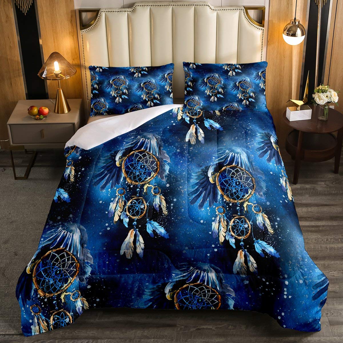 Eagle Dream Catcher Comforter Set Twin Size - Bohemian Feathers Duvet Cover with Hawk Bird Design, Exotic Boho Bedding for Kids Boys Girls, Tribal Tie Dye Bedroom Decor in Blue - Perfect for Bohemian Themed Kids Rooms & Nursery Decor