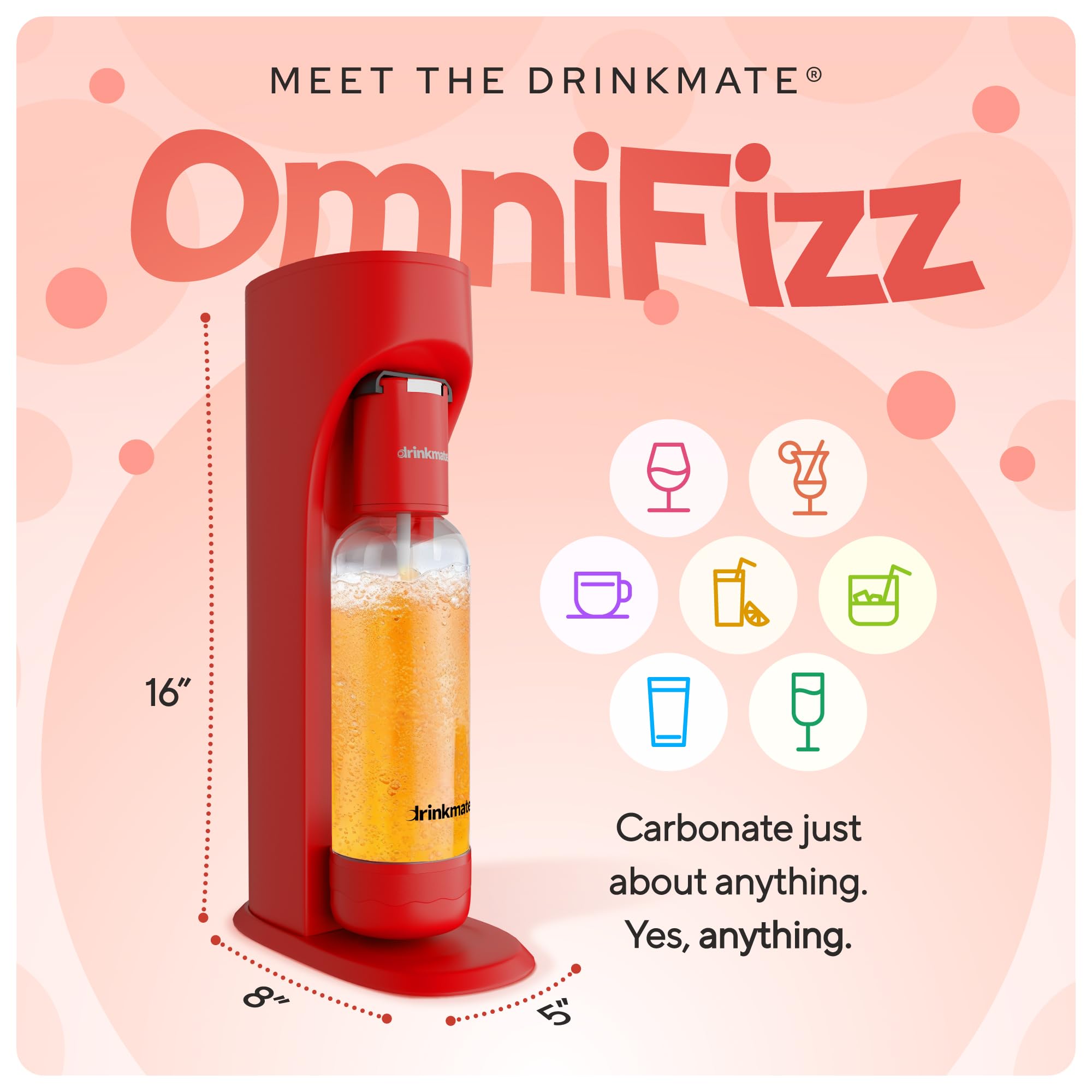 Drinkmate OmniFizz Sparkling Water & Soda Maker Machine - Carbonates Any Beverage with 60L CO2 Cylinder, 2 Carbonation Bottles & Fizz Infuser (Royal Red) - Perfect for Home, Office & Party Use