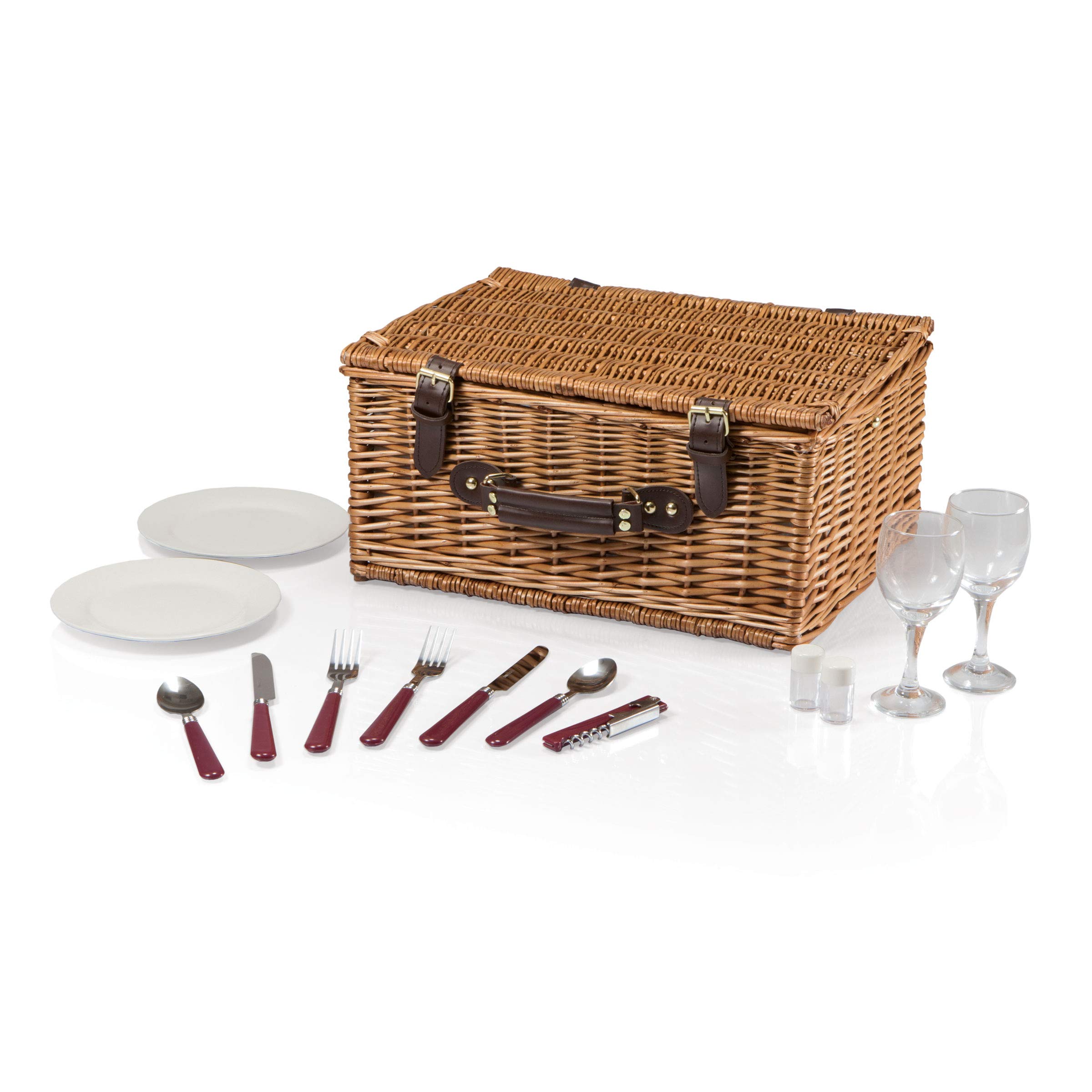 PICNIC TIME - Bristol Wicker Picnic Basket for 2 with Navy Blue & Burgundy Plaid Pattern - Complete Picnic Set for Couples | Perfect for Romantic Outdoors, Beach Dates, and Park Picnics