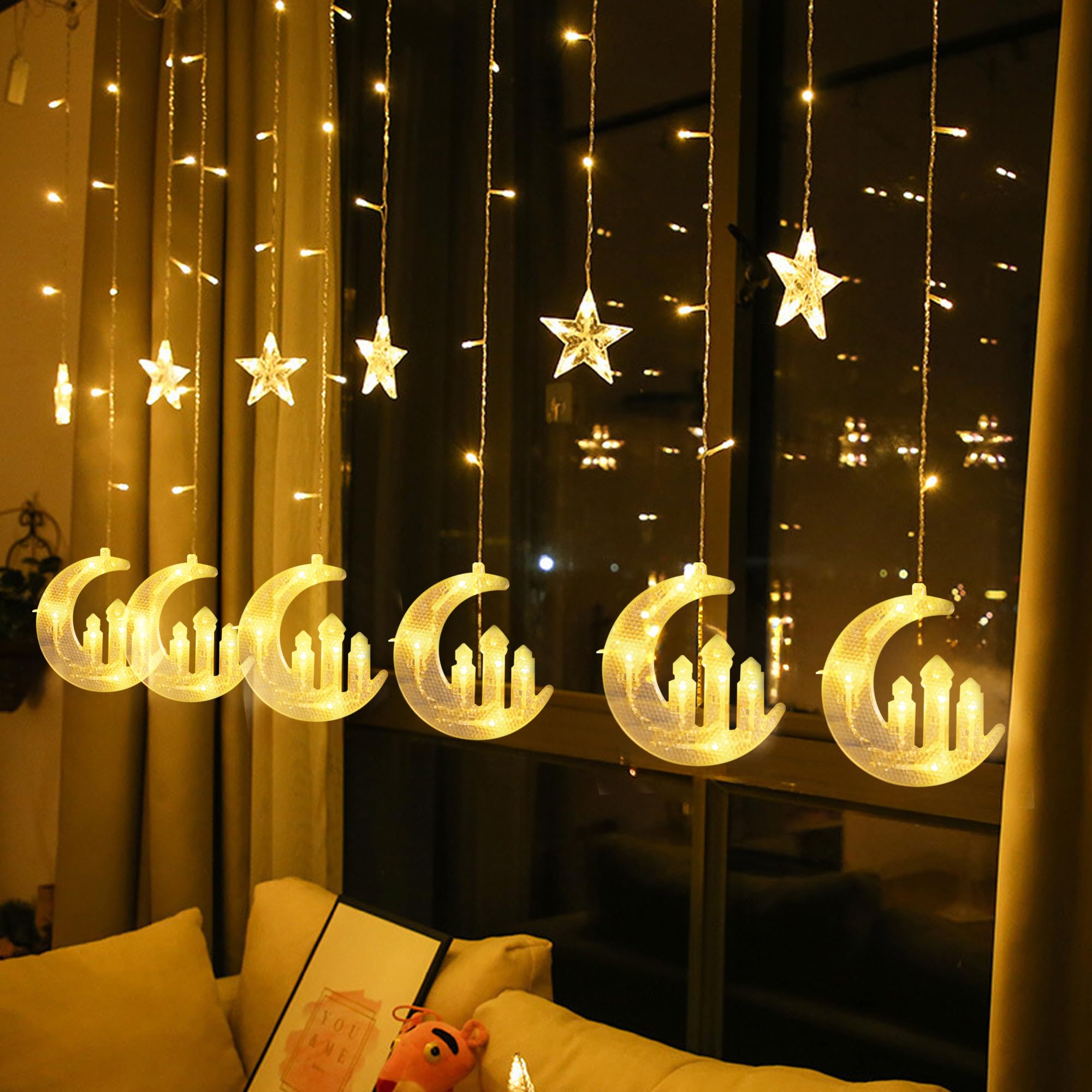 Dazzling 138 LED Moon Star & Fairy Tale Castle String Lights - 8 Lighting Modes USB Fairy Lights for Home Decor, Ramadan, Christmas, Wedding, Party, Eid - Perfect for Bedroom, Nursery, Garden & Holiday Decorations