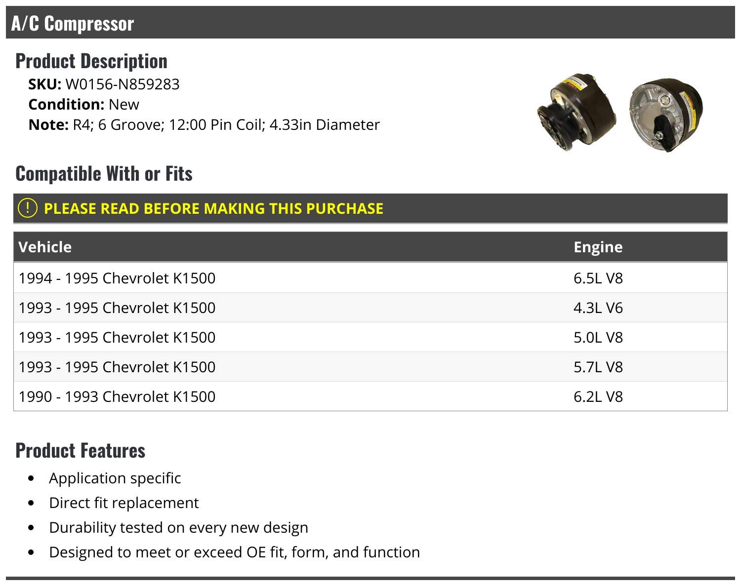 AC Compressor for 1990-1995 Chevy K1500 Pickup Truck - Replacement Auto Air Conditioning Part - Perfect for Summer Driving & Off-Road Adventures