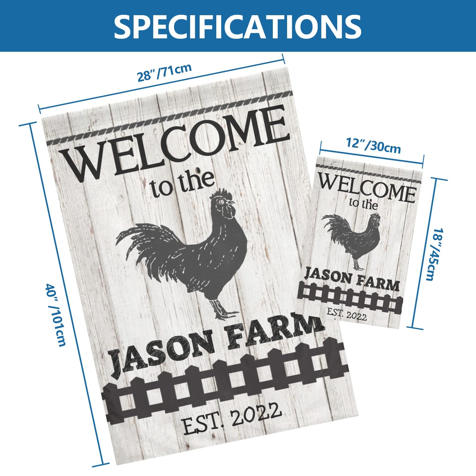Custom Personalized Welcome Black Chicken Farm Wood Print Garden Flag - Double Sided 28x40 Inch with Name - Indoor Outdoor Home Decor for Porch, Yard, Farmhouse & Seasonal Celebrations