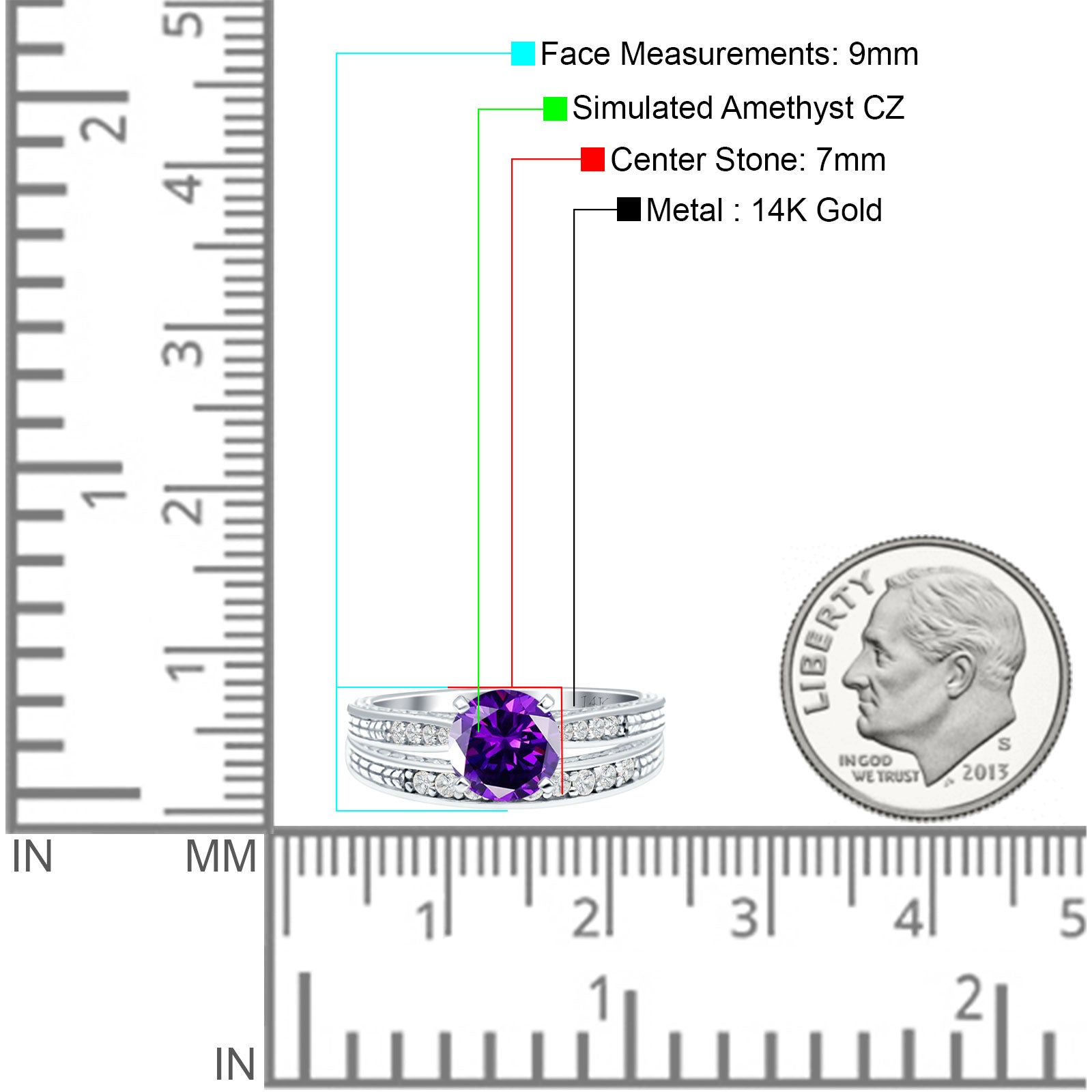 14K White Gold Round Two Piece Amethyst Cubic Zirconia Bridal Ring Set for Engagement, Wedding, Anniversary - Elegant Jewelry Gift for Her
