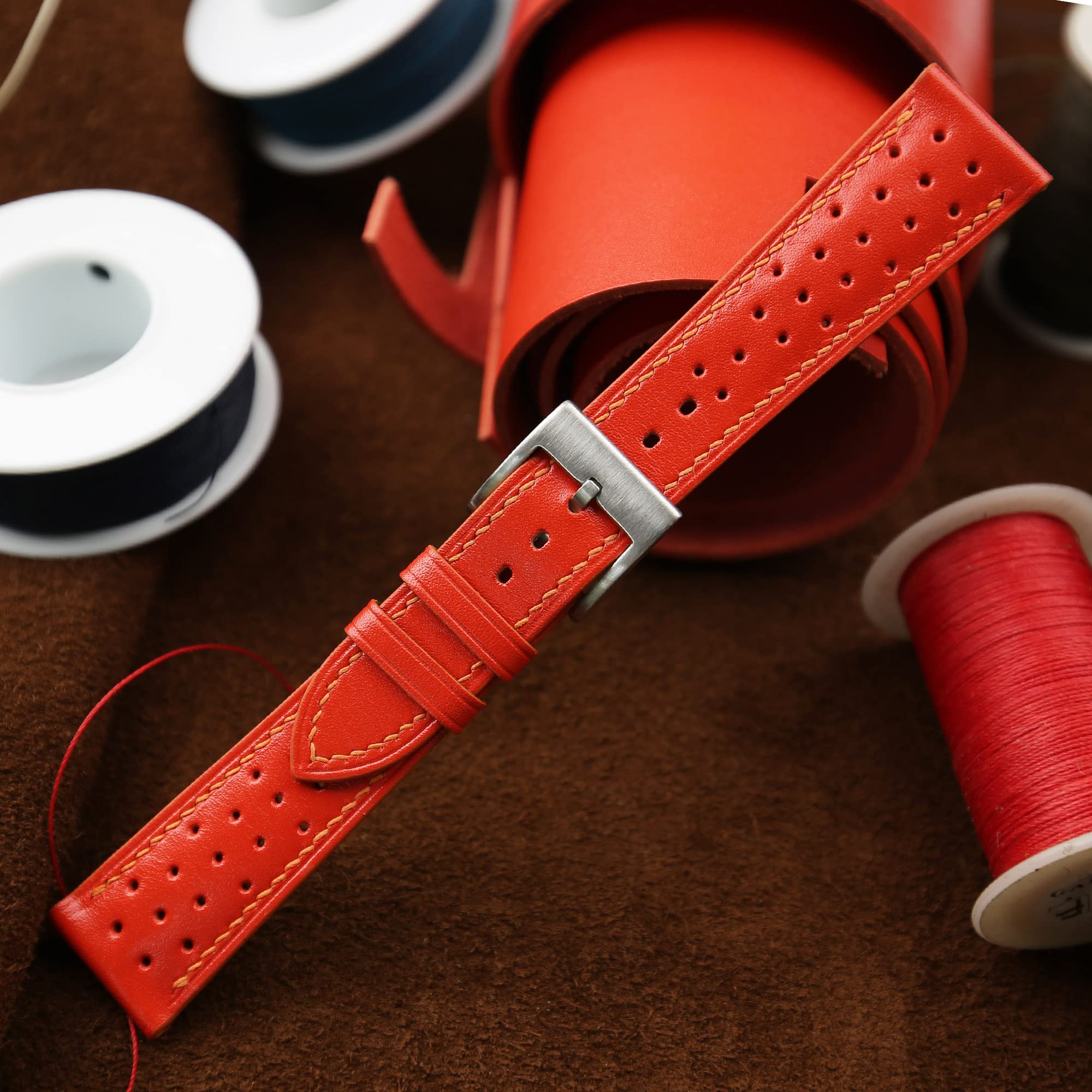 Handmade Rally Swift Leather Watch Strap - Quick Release Replacement Band 16mm 18mm 19mm 20mm 22mm 23mm for Men & Women - Durable Genuine Leather Watch Accessory (Red) - Perfect for Daily Wear, Business & Casual Outfits