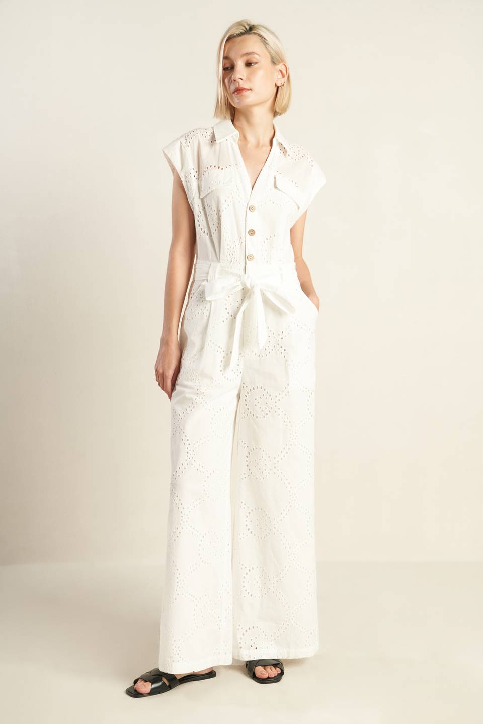 Stylish White Eyelet Jumpsuit for Women - Summer Boho Romper with Short Sleeves & Elastic Waist | Perfect for Beach Vacations, Music Festivals, and Casual Outings