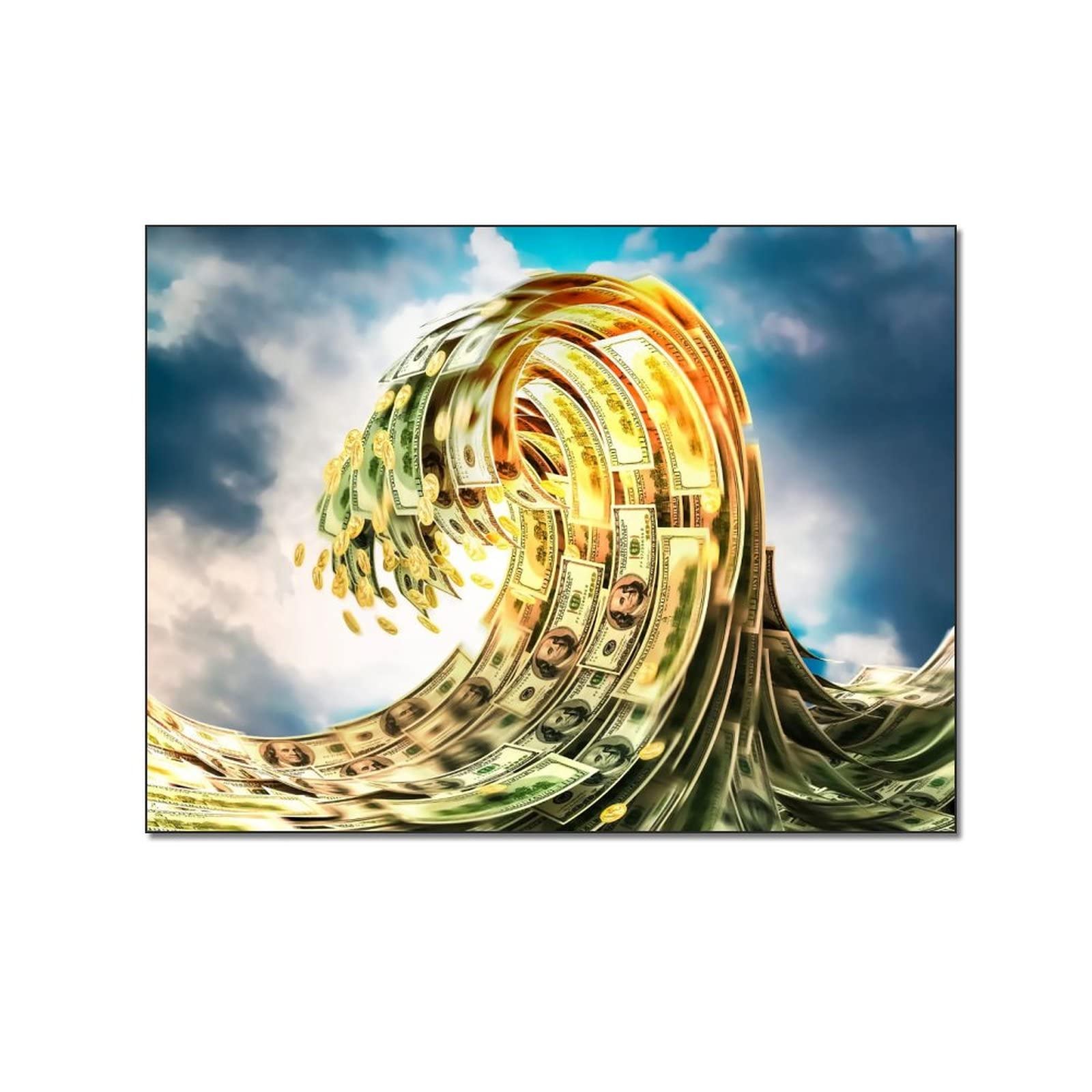 Fortune Dollar Wave Money Canvas Wall Art - 24x36 & 16x20 Inch (40x51cm) Aesthetic Posters for Room Decor, Framed Wall Paintings, Perfect Gift for Office, Bedroom or Living Room