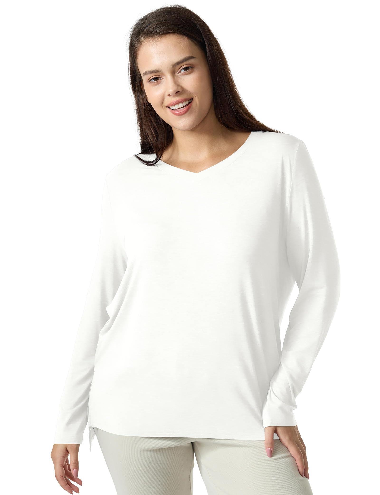 Amoretu Plus Size Women's V-Neck Long Sleeve T-Shirts - Oversized Swing Tunics Tops for Casual Wear & Layering 2024 | Perfect for Work, Weekend & Fall Fashion