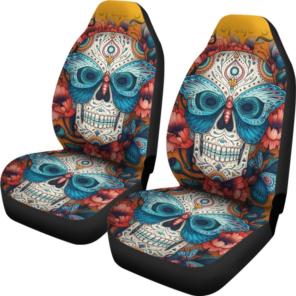 2 Pcs Sugar Skull Car Seat Covers - Halloween Dia de Los Muertos Decor - Universal Fit for Cars, Trucks & SUVs - Perfect for Halloween Parties, Day of the Dead Celebrations & Car Decorations