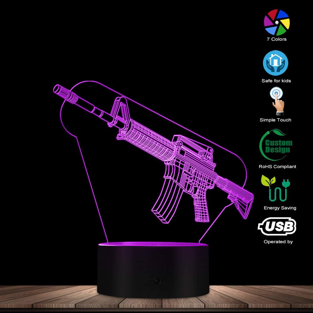 3D LED Gun Lamp - Military Weapon Night Light with Optical Illusion, Cool Cartoon Machine Gun Design - Perfect Gift for Gun Enthusiasts & Home/Office Decor