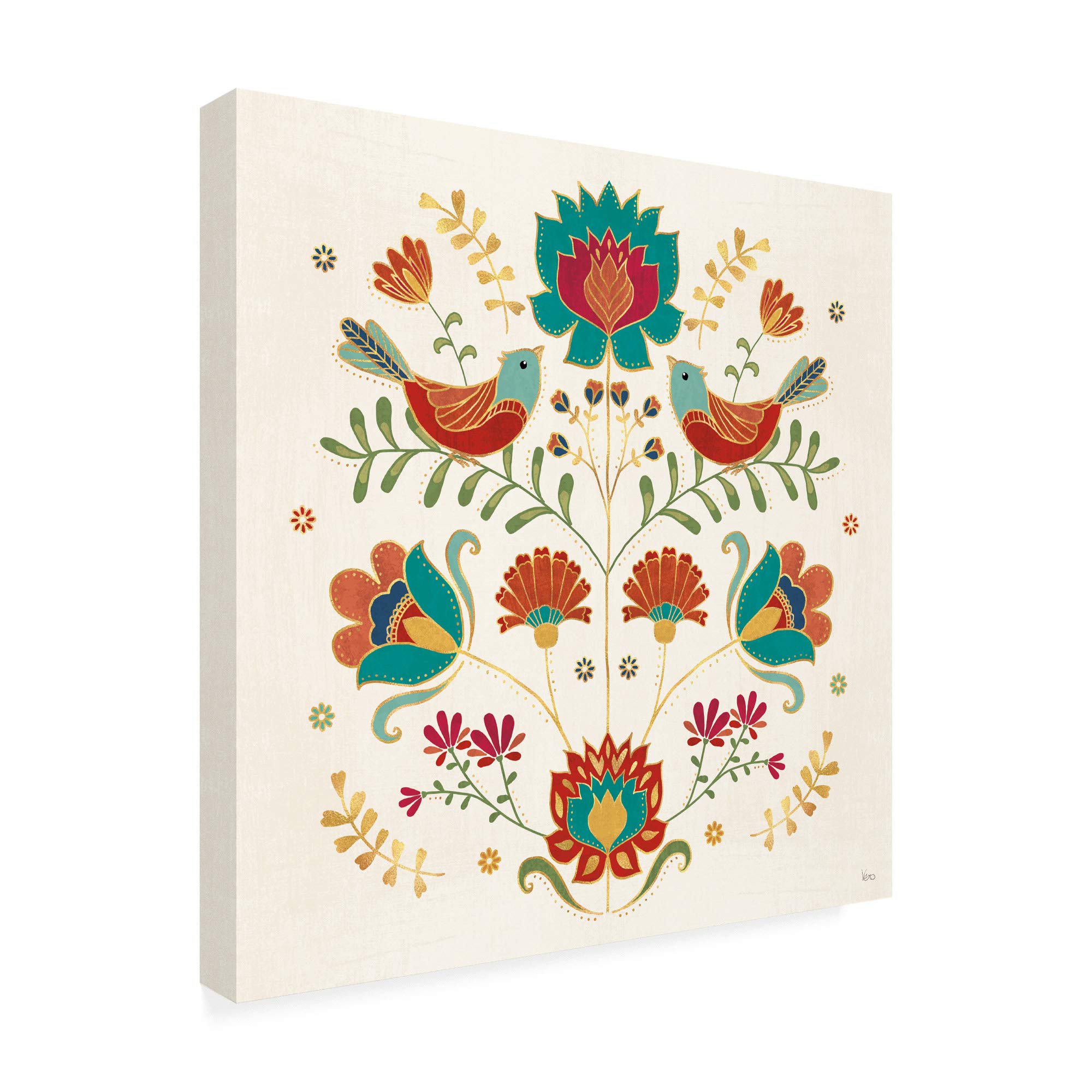 Trademark Fine Art Folk Floral 2 by Veronique Charron - 18x18 Inch Square Canvas Wall Art - Perfect for Living Room, Bedroom & Office Decor