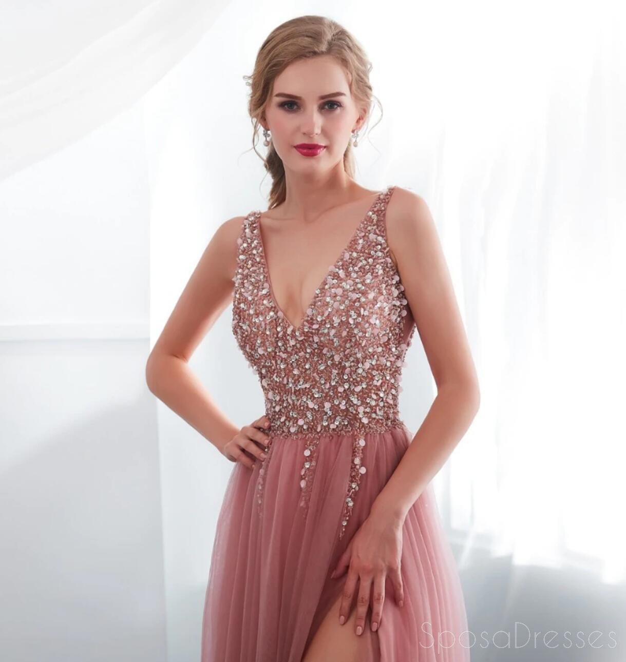 Elegant Dusty Pink V-Neck Beaded Long Evening Prom Dress with Side Slit | Custom Sweet 16 Dresses for Women | Perfect for Prom Night, Homecoming, Formal Events & Special Occasions