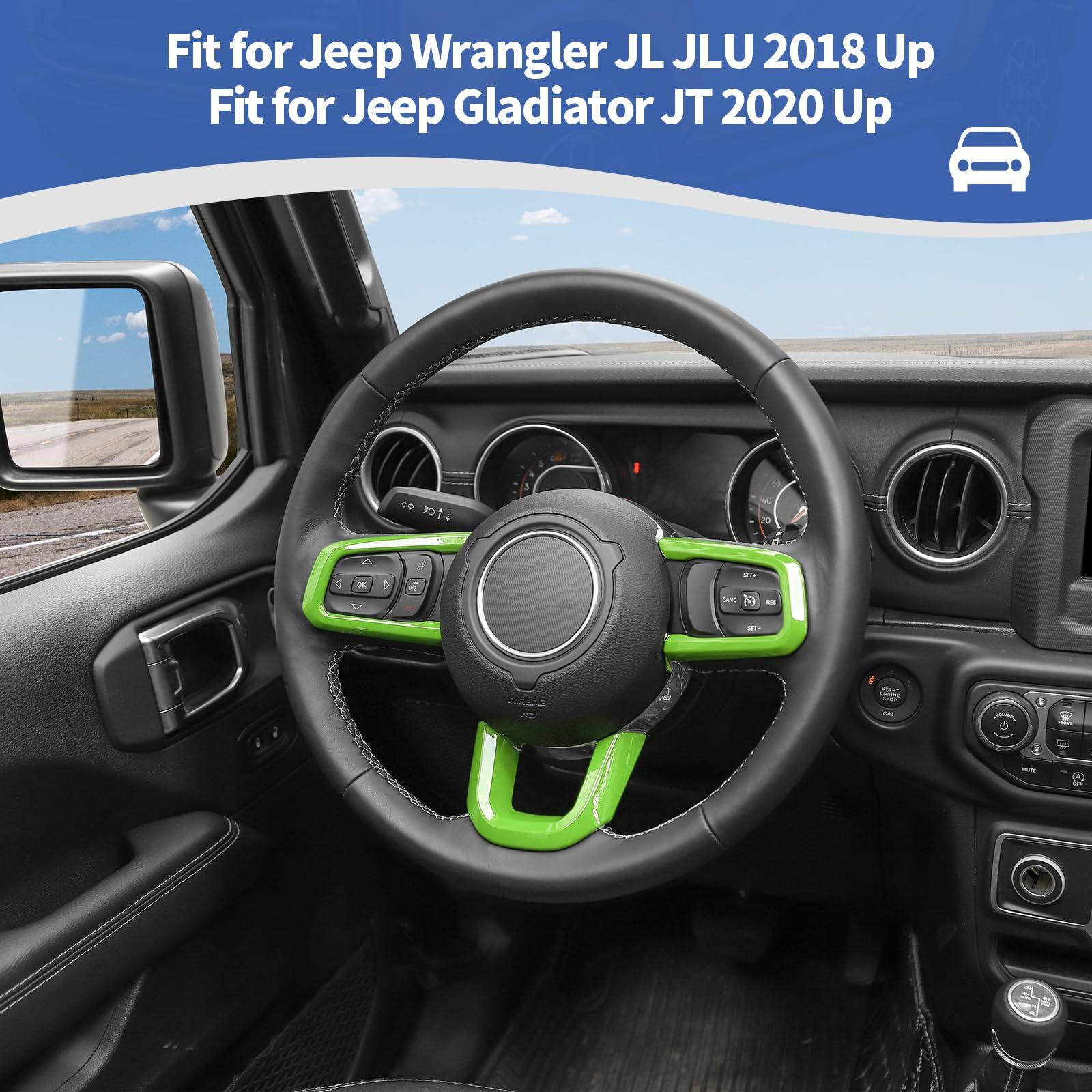 RT-TCZ Steering Wheel Trim Decal Panel - Green Interior Accessories for Jeep Wrangler JL/JLU & Gladiator JT (2018-2024) - 3-Piece Set - Upgrade Your Jeep's Interior Style for Off-Road Adventures & Daily Driving