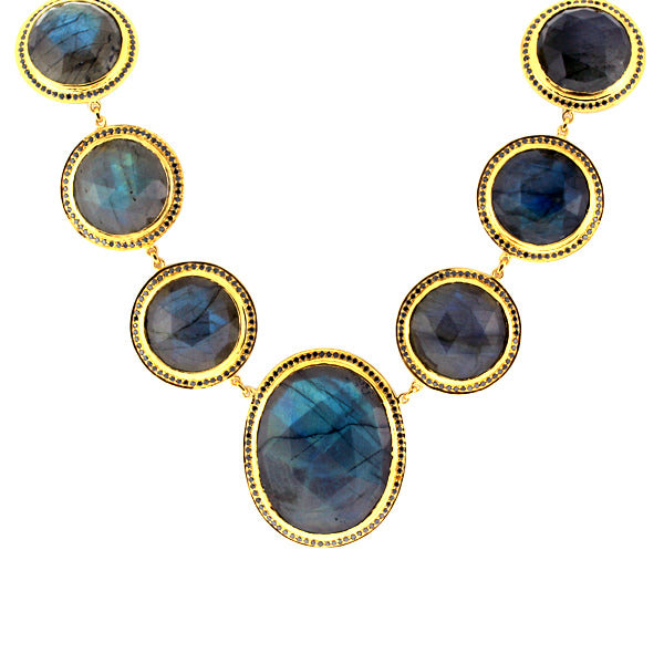 18K Yellow Gold Labradorite Gemstone Pave Diamond Matinee Necklace | Elegant Statement Jewelry for Women | Perfect for Weddings, Parties & Special Occasions