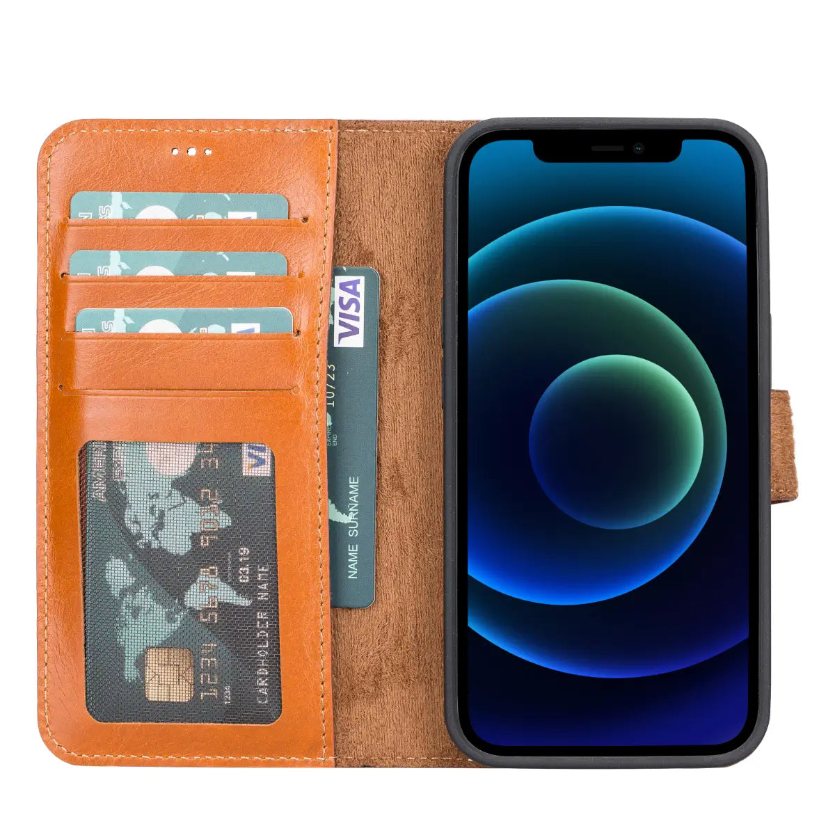 Premium Burnished Tan Leather Wallet Case for iPhone 13 - Slim RFID Blocking Phone Cover with Card Slots | Perfect for Everyday Use, Travel & Business
