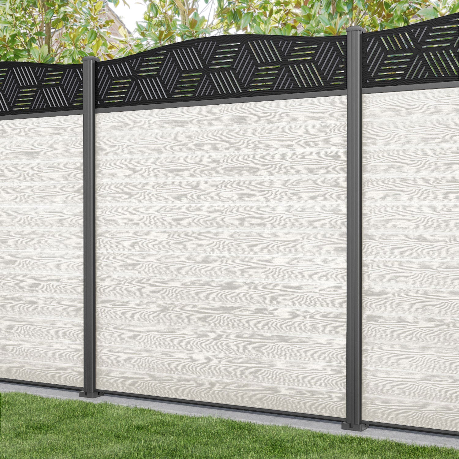 Classic Cubed Curved Top Fence Panel - Light Stone Color with Aluminum Posts | Durable Outdoor Privacy Fence for Garden, Yard, and Pool Area