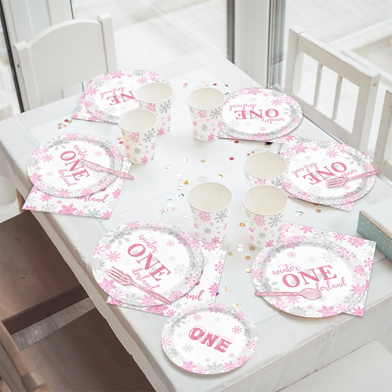 168-Piece Winter Onederland Party Supplies Set - Pink & Silver Snowflake Disposable Tableware (Plates, Napkins, Paper Cups) for 1st Birthday Party - Serves 24 Guests - Perfect for Girls' Birthday Celebrations, Baby Showers & Winter-Themed Events