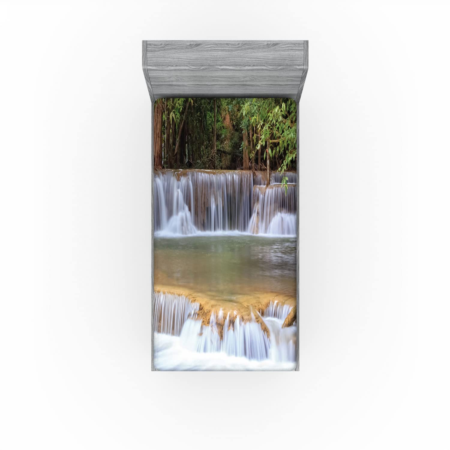 Ambesonne Rainforest Fitted Sheet - Twin Size Deep Pocket Bed Cover with All-Round Elastic, Green Brown Grey - Exotic Thailand Kanchanaburi Waterfalls Design for Summer Travel Theme | Perfect for Guest Rooms, Vacation Homes & Tropical Bedroom Decor
