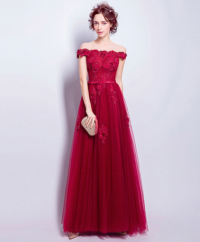 Elegant Burgundy Tulle Lace Applique Long Prom Dress | Burgundy Bridesmaid Gown for Weddings & Formal Events | Perfect for Homecoming, Quinceañera & Evening Parties