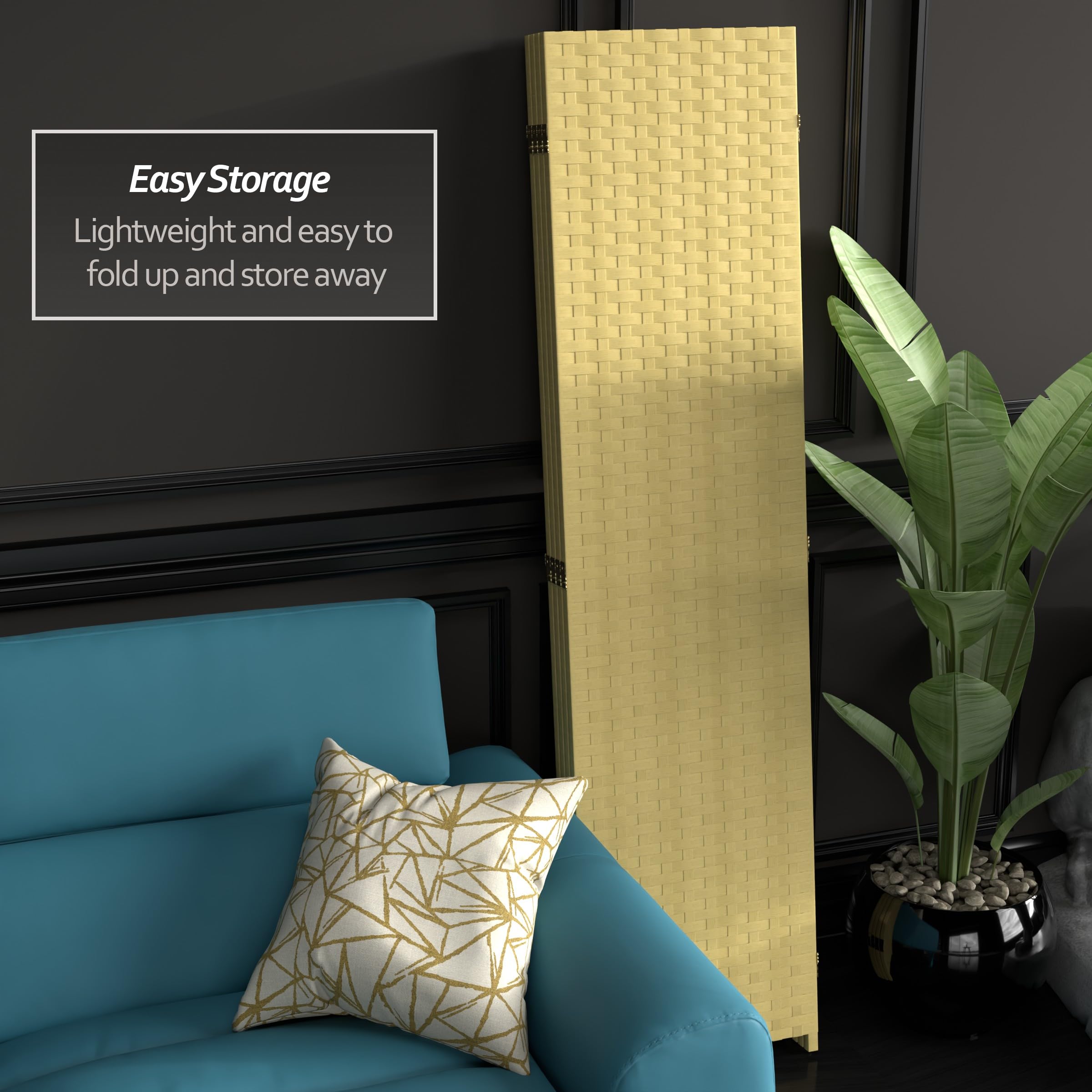 6 ft. Tall Red Lantern Woven Fiber 4-Panel Room Divider - Dark Beige Privacy Screen for Bedroom, Office, or Living Room Partition
