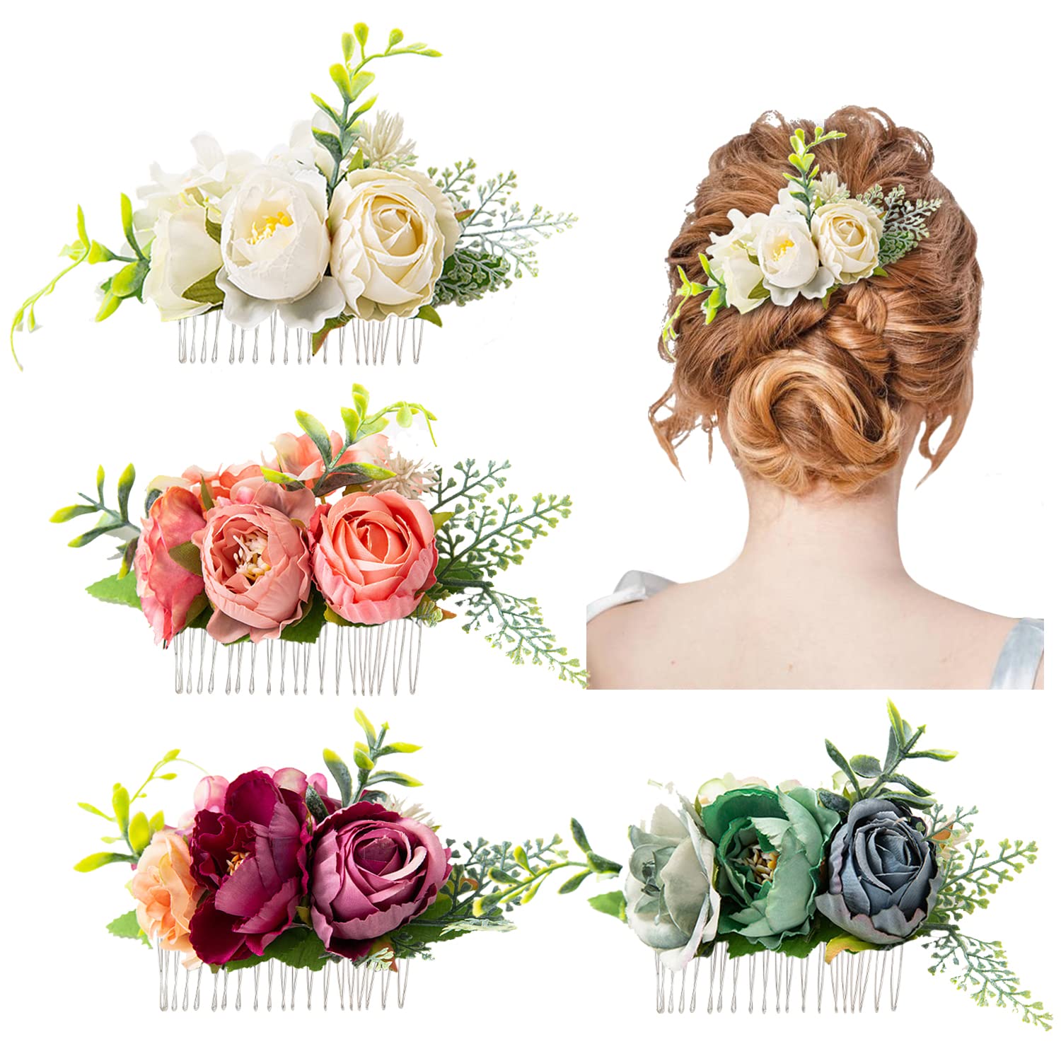 4 Pack Metal Hair Side Combs with Artificial Rose Flowers - Floral Wedding Bridal Headpieces, Hair Clips & Barrettes for Women, Bridesmaids & Flower Girls - Perfect for Weddings, Prom, Parties & Special Occasions