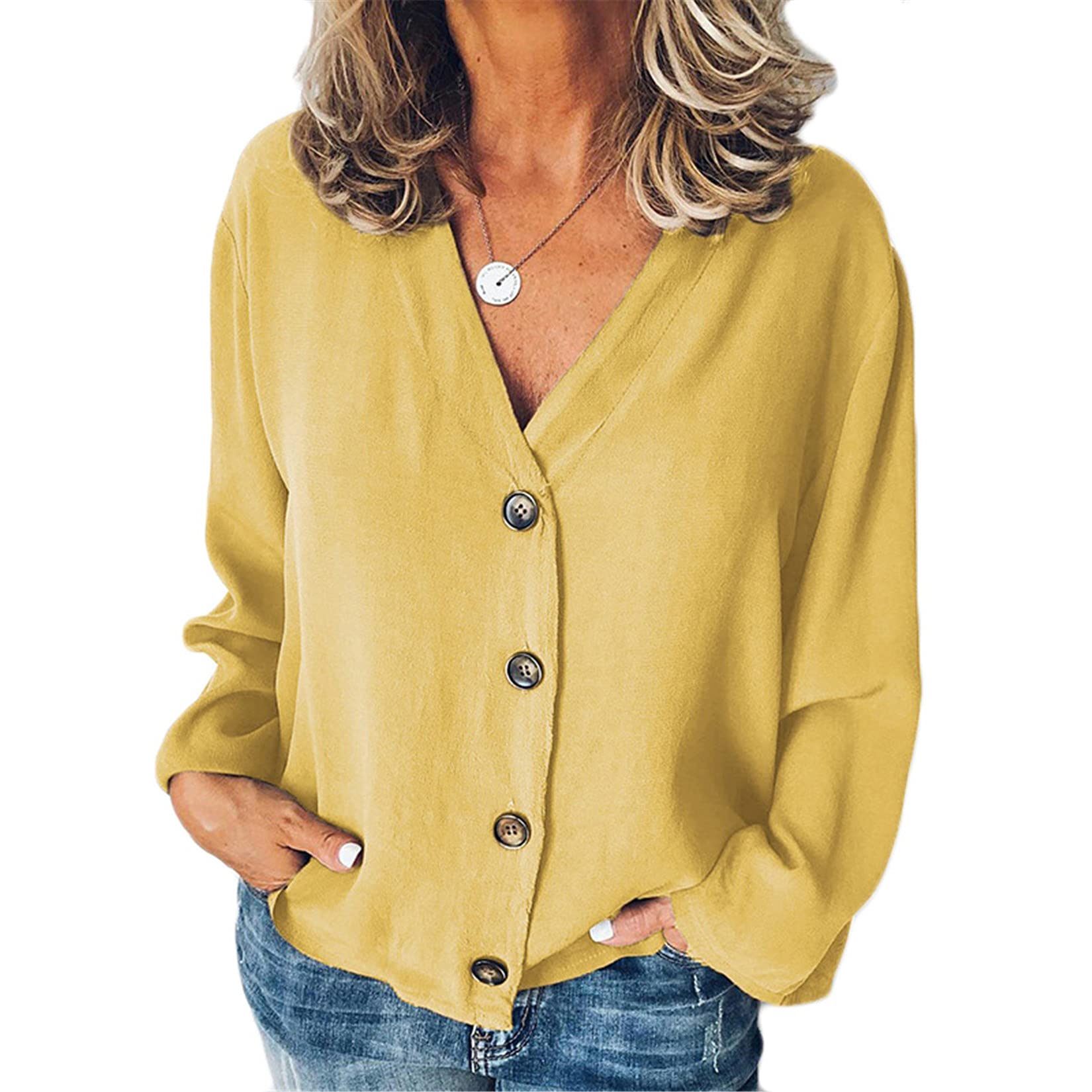 Andongnywell Women's Long Sleeve V-Neck Button Down Blouse - Solid Color Casual Shirt for Work, Office & Everyday Wear | Cardigan Style Top for Fall & Winter Outfits