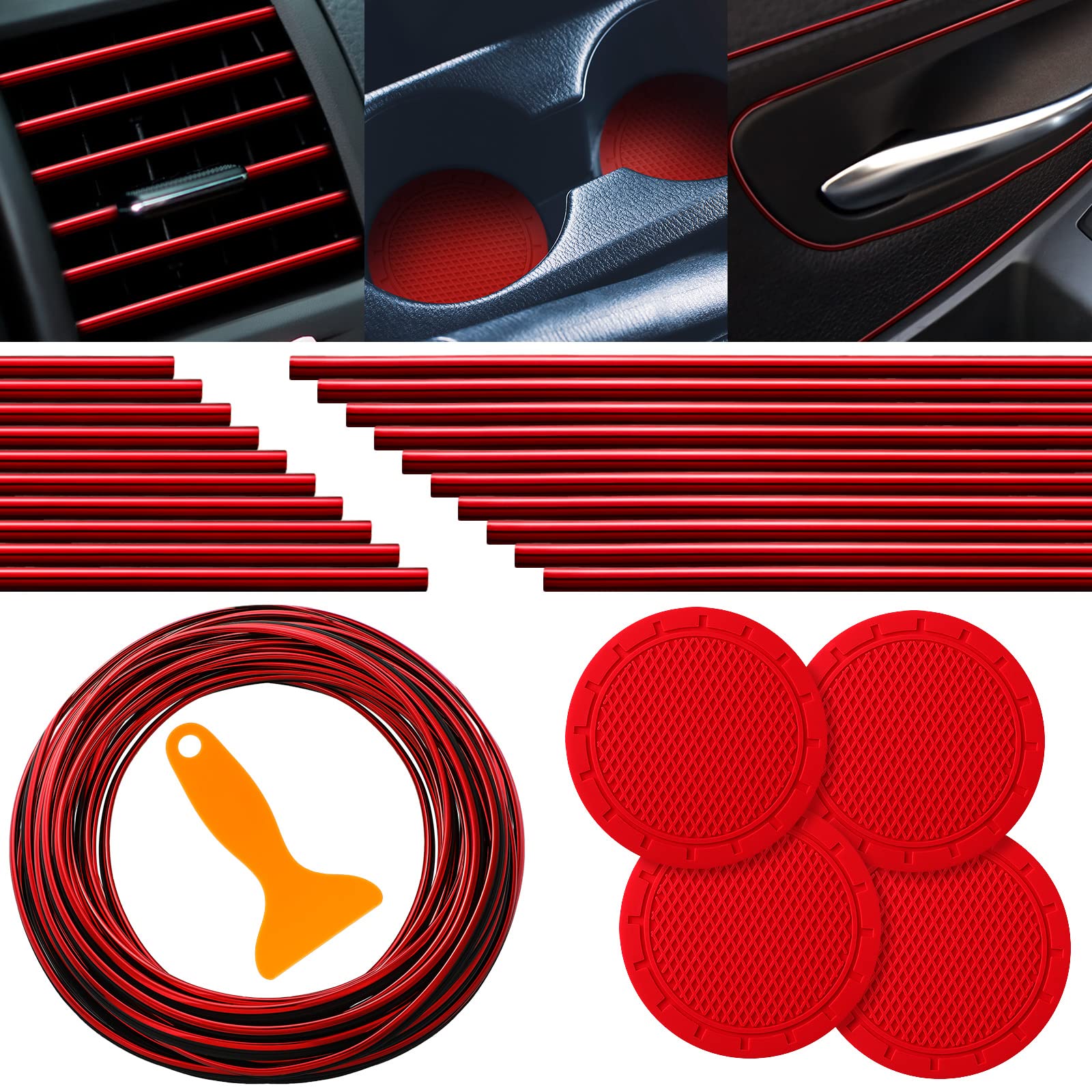 25 Pack Interior Car Accessories Kit - 32 Feet Car Moulding Trim, 20 Vent Trim Strips & 4 Cup Holder Inserts | Non-Slip Auto Decor with Scraper (Red) | Perfect for Car Interior Customization & Protection