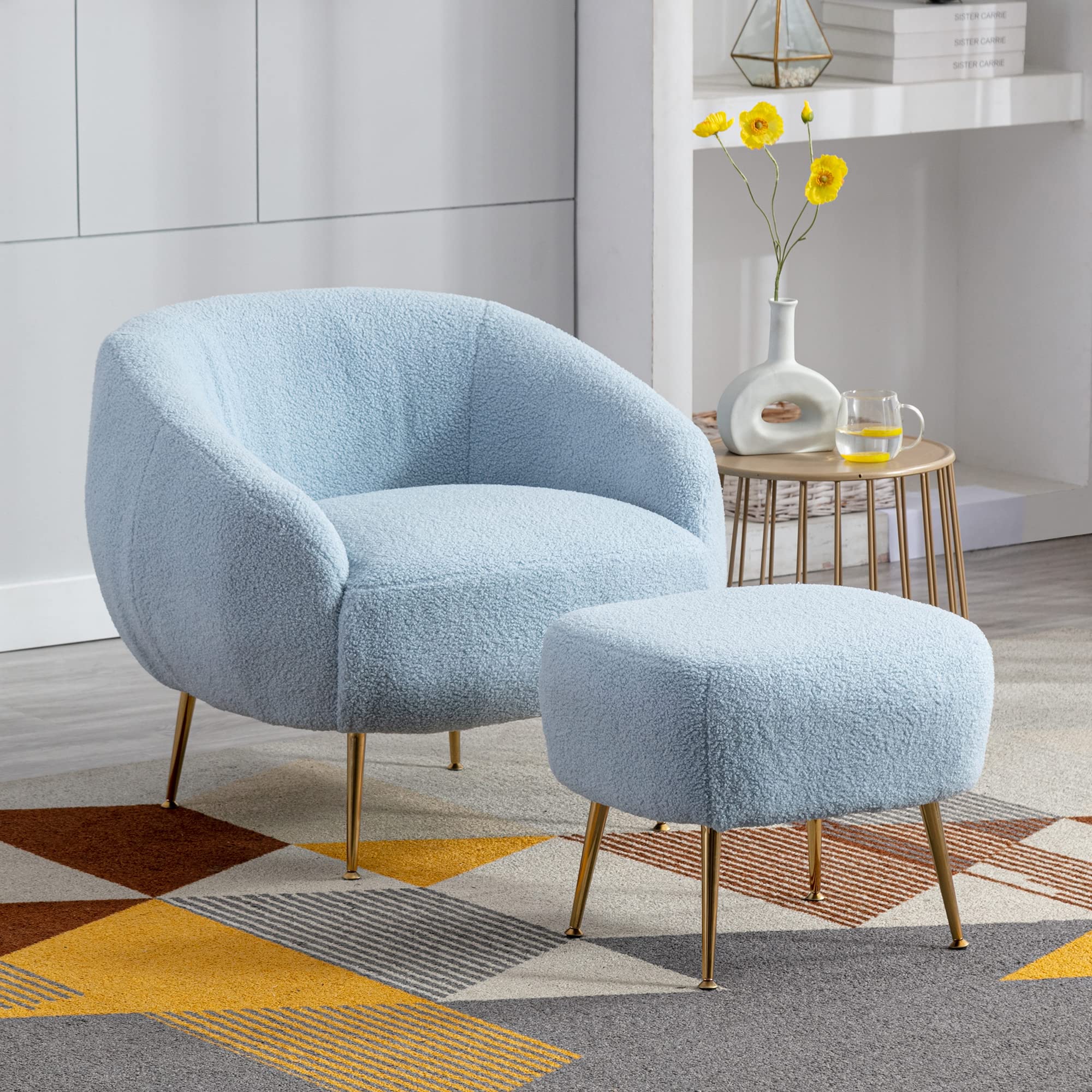**Merax Blue Modern Comfortable Upholstered Accent Chair with Ottoman - Plush Teddy Fabric Reading Armchair for Living Room, Bedroom, Office - Perfect for Relaxing, Reading & Decor (Set of 1)**