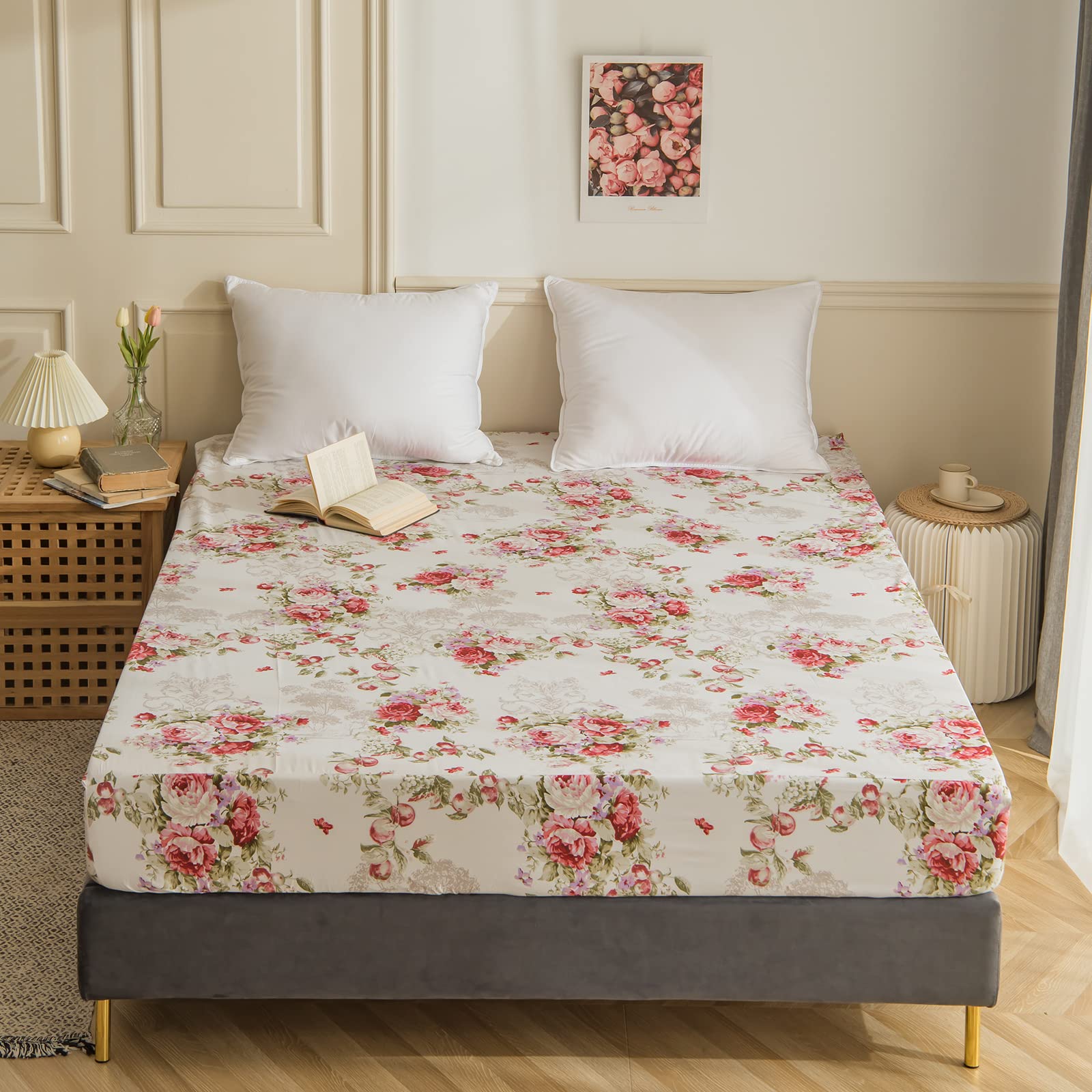 Pink Rose Floral Fitted Sheet - Queen Size Deep Pocket Bed Sheet with Garden Flower Print, 1 Piece | Soft & Breathable for Comfortable Sleep, Perfect for Bedroom Decor, Guest Room & Dorm