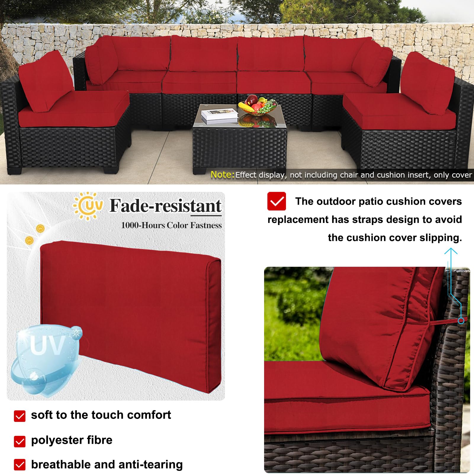 Waterproof Outdoor Patio Cushion Covers with Zipper - Replacement Slipcovers for Wicker Rattan Sectional Couch & Chair (Set of 12, Red) - Perfect for Garden, Poolside, and Patio Furniture Protection